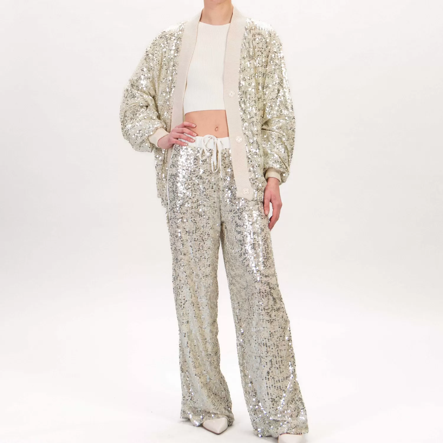 Hot White Mood Tensione In-Bomber Con Paillettes - Burro/Argento