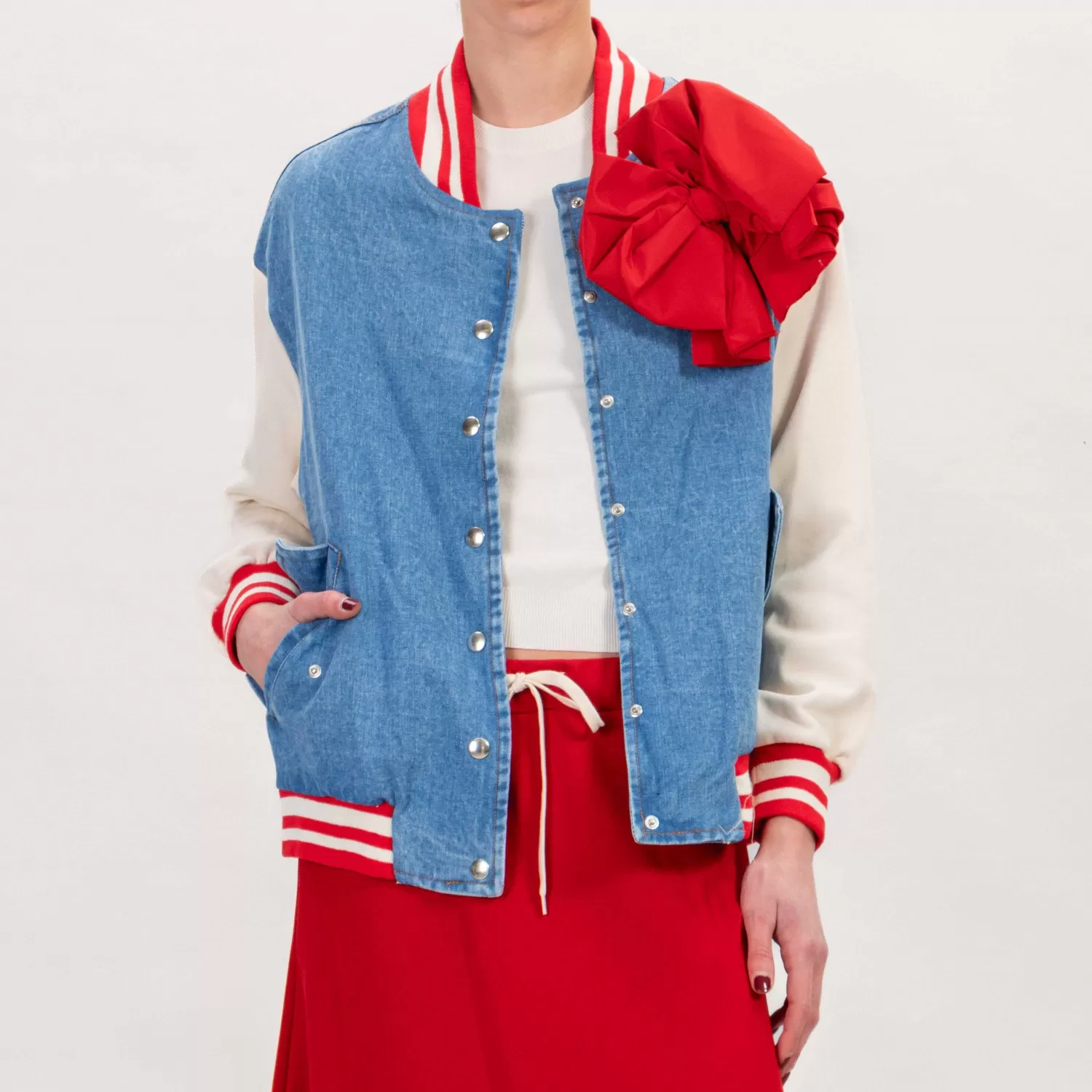 Outlet White Mood Tensione In-Bomber Doppio Tessuto Con Spillla - Denim/Burro/Rosso