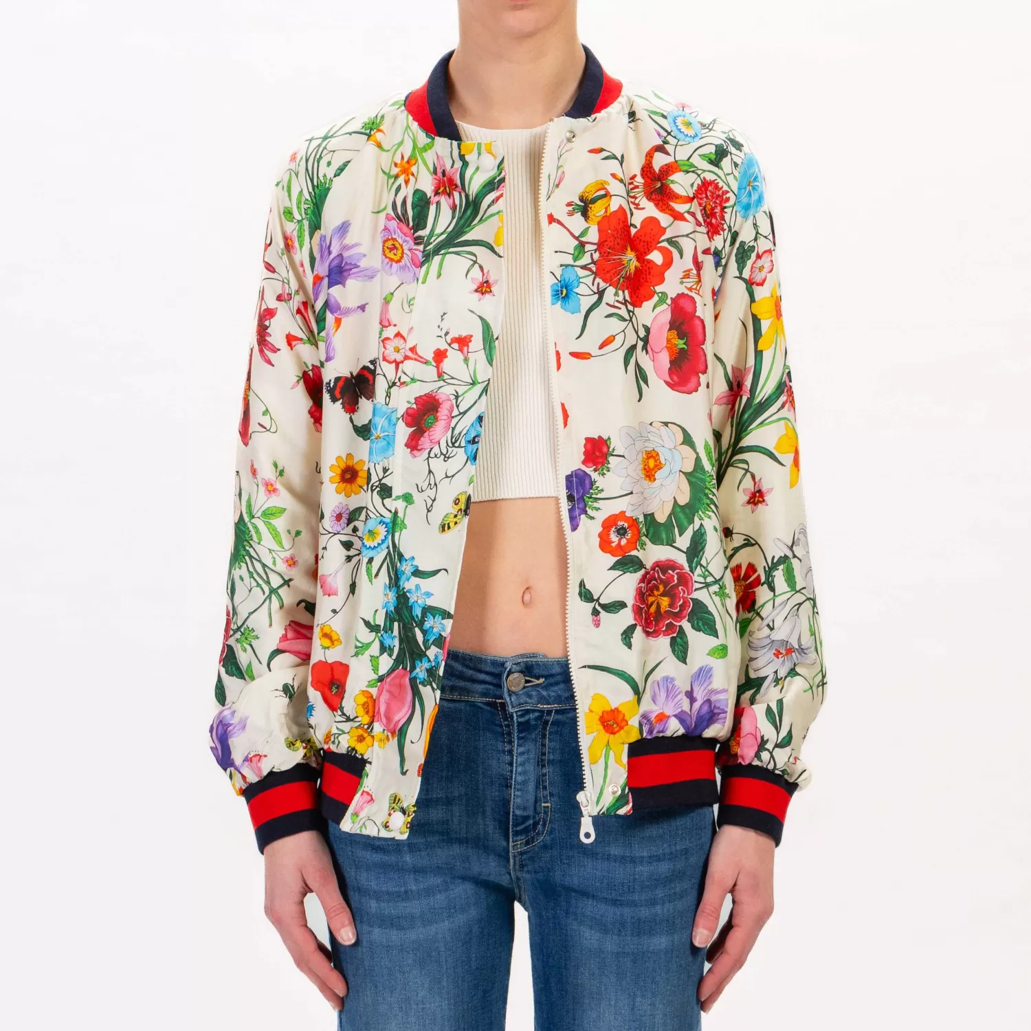 Shop White Mood Tensione In-Bomber Fantasia Floreale Bordi Maglia - Burro/Blu/Rosso