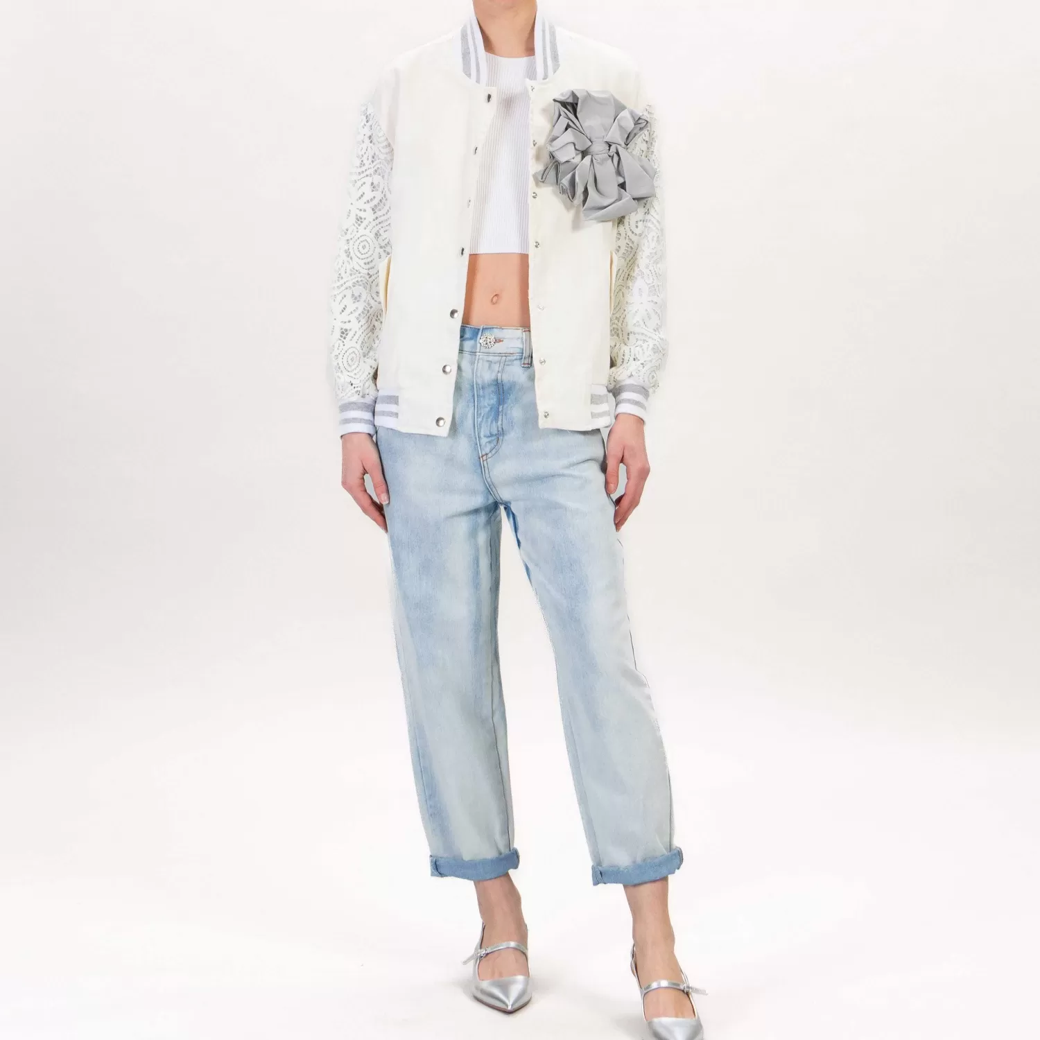 Hot White Mood Tensione In-Bomber Maniche In Pizzo Con Spilla - Burro/Grigio