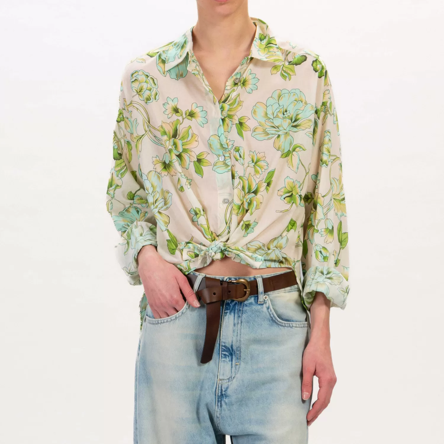 Best Sale White Mood Tensione In-Camicia Fantasia Fiori Con Nodo - Burro/Acqua/Verde