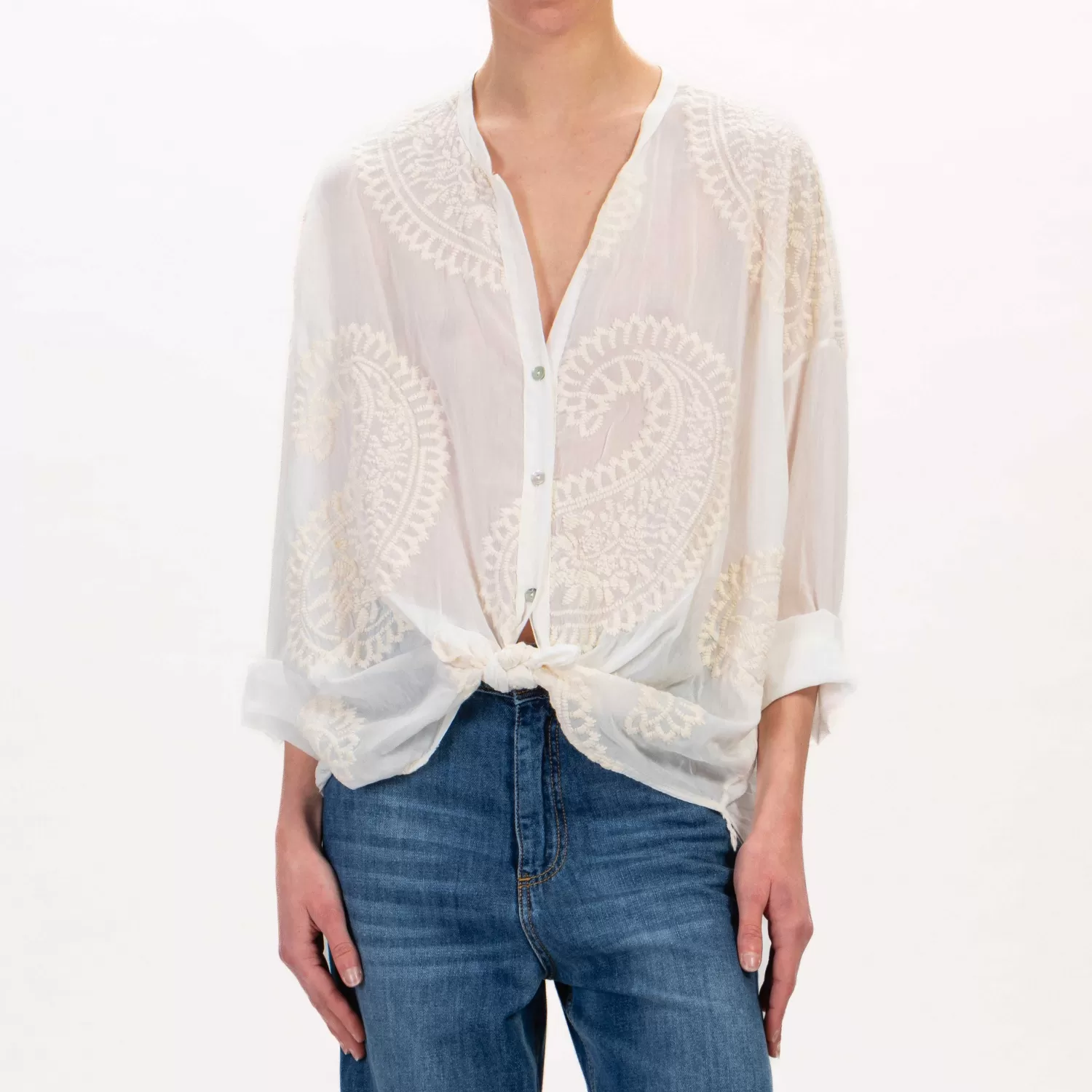 Outlet White Mood Tensione In-Camicia In Mussola Con Ricami - Burro