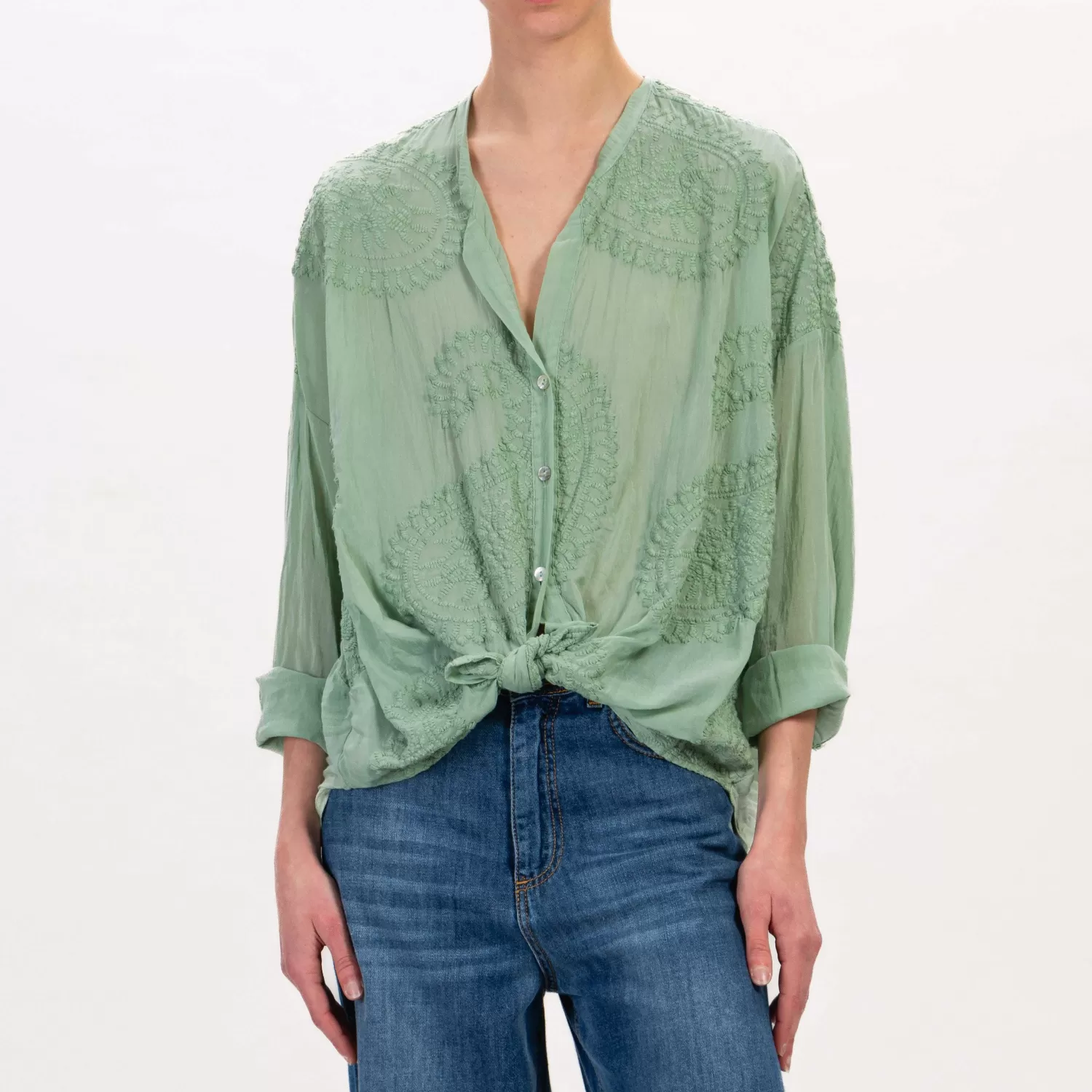 New White Mood Tensione In-Camicia In Mussola Con Ricami - Green Bay