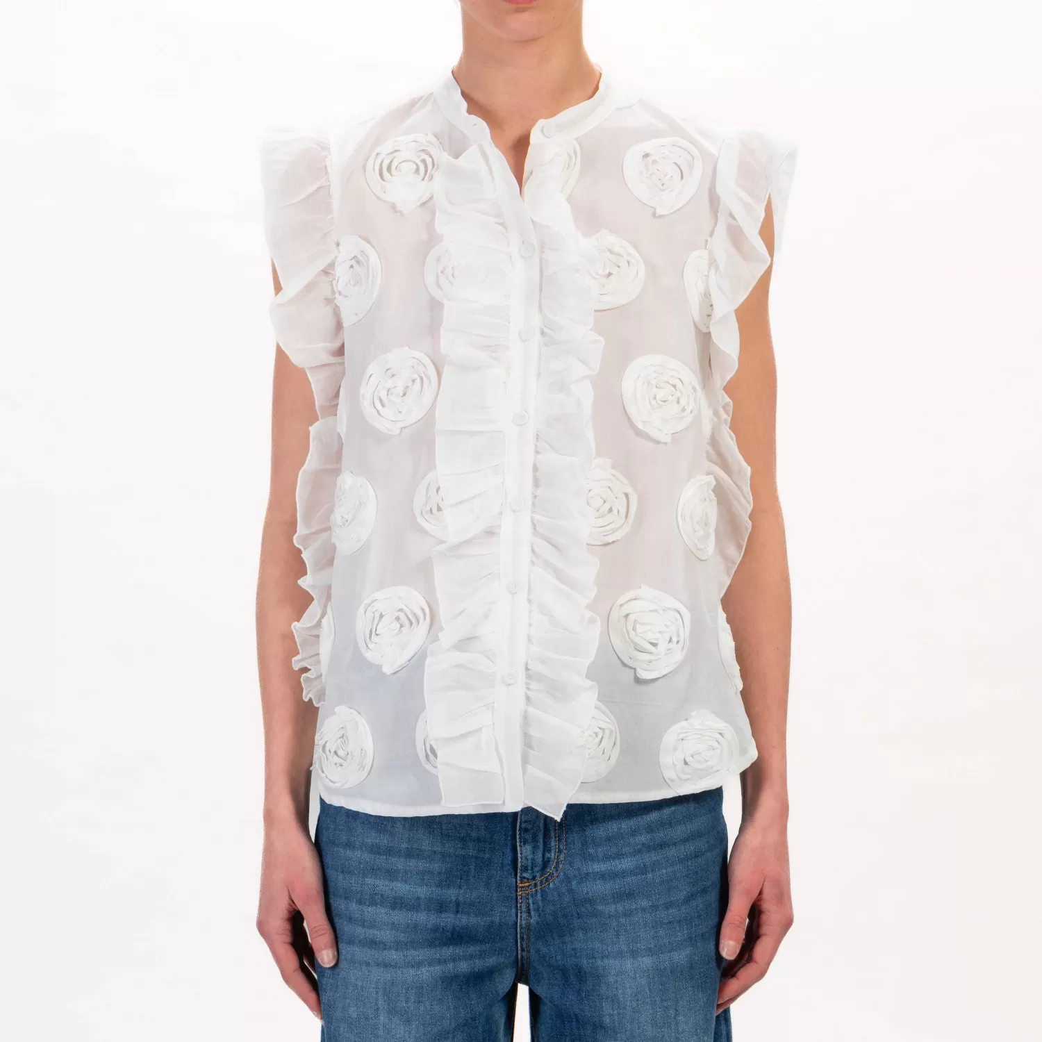 Hot White Mood Tensione In-Camicia Mussola Smanicata Con Rose - Latte