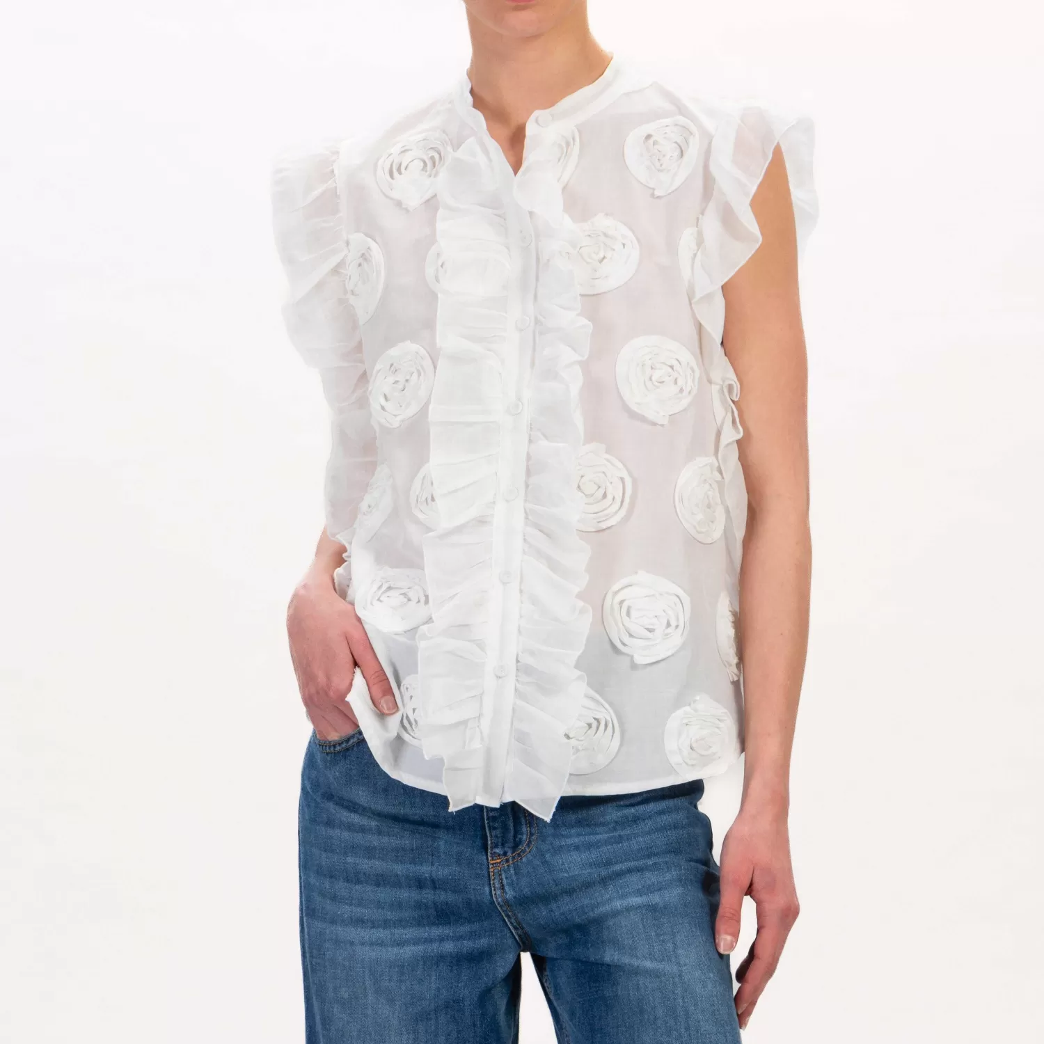 Hot White Mood Tensione In-Camicia Mussola Smanicata Con Rose - Latte