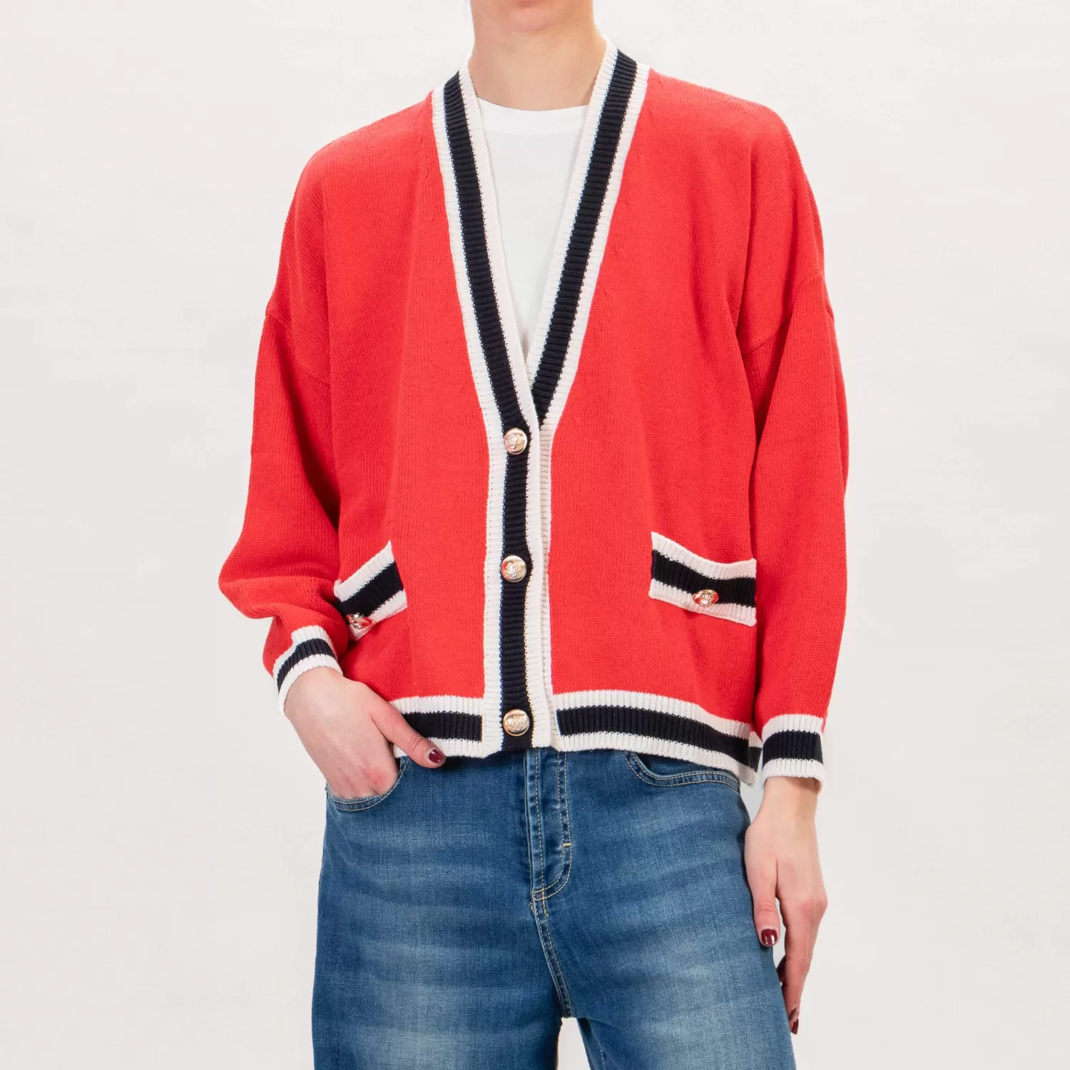 Outlet White Mood Tensione In-Cardigan Scollo V Bottoni Dorati - Rosso/Latte/Blu