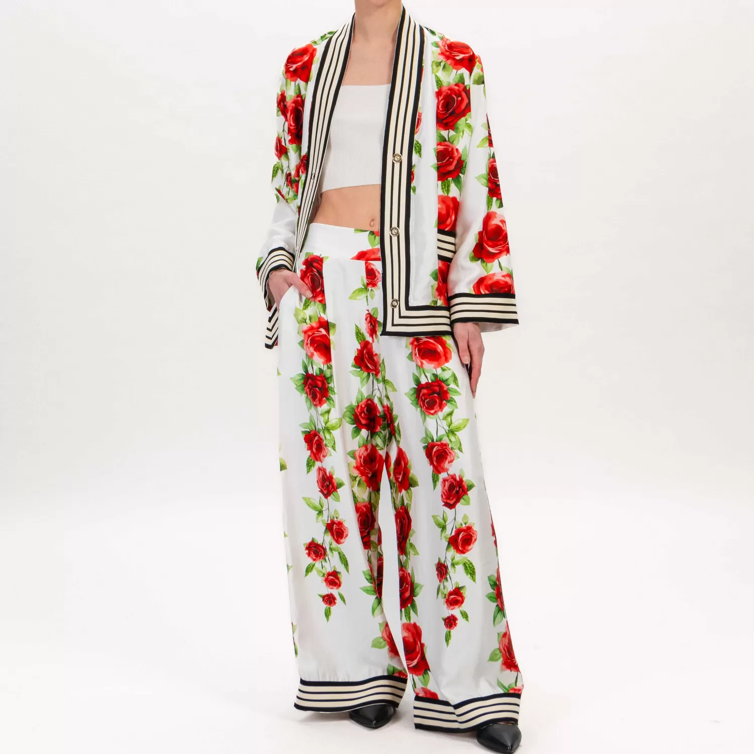 Store White Mood Tensione In-Giacca Kimono Fantasia Fiori Con Banda - Latte/Rosso/Nero