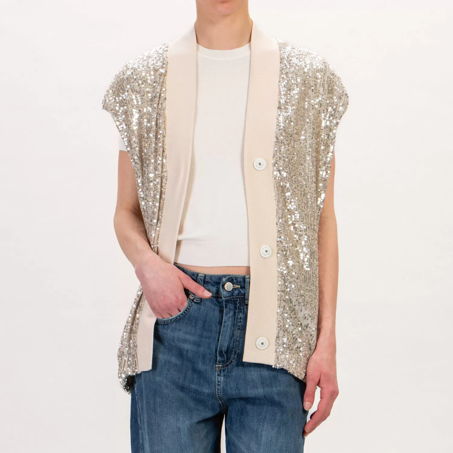 Cheap White Mood Tensione In-Gilet Con Paillettes - Burro/Argento