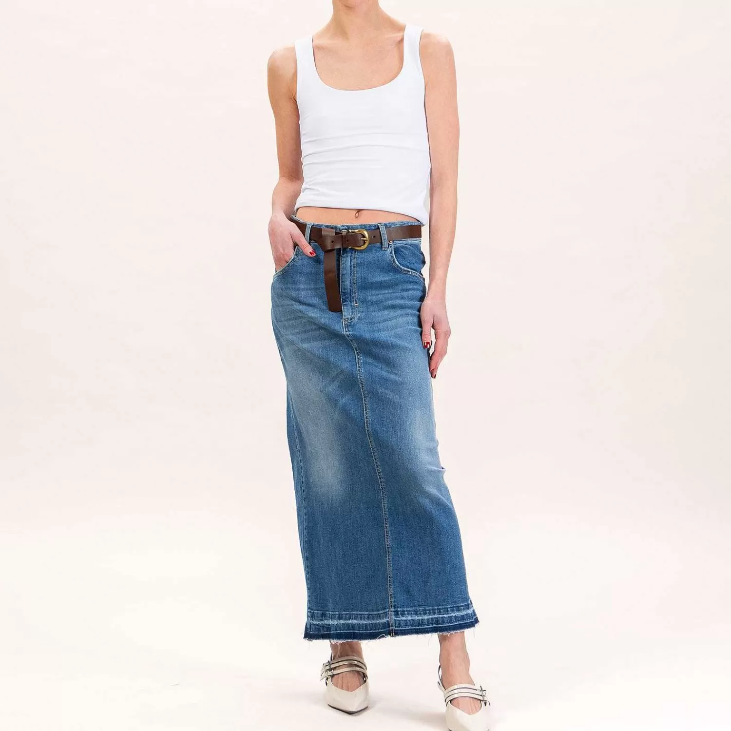 Flash Sale White Mood Tensione In-Gonna Jeans Longuette Spacco Dietro - Denim