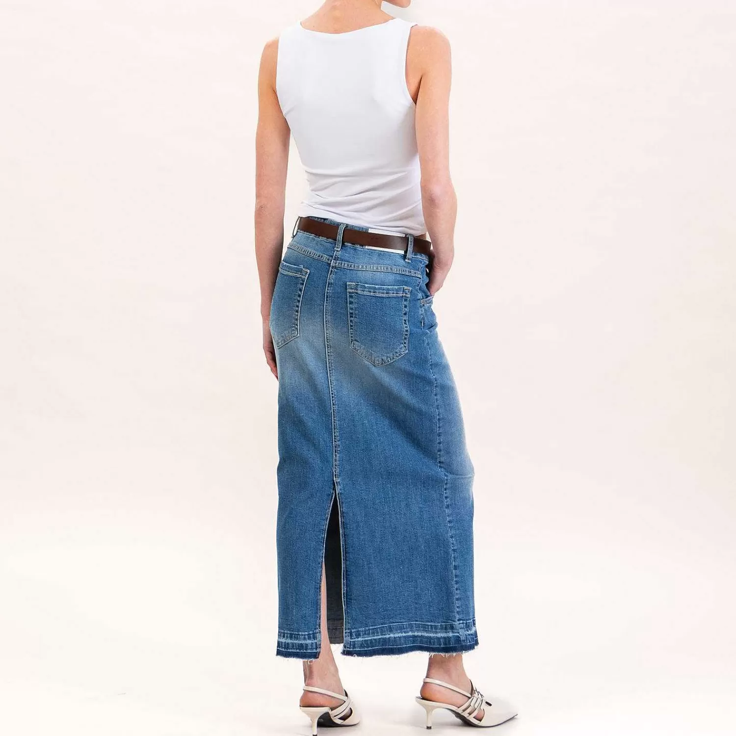 Flash Sale White Mood Tensione In-Gonna Jeans Longuette Spacco Dietro - Denim