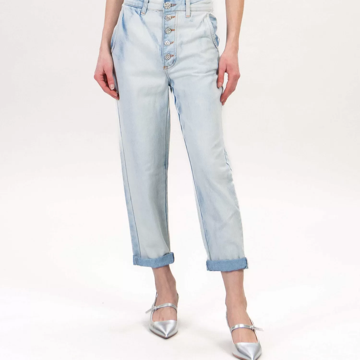 Hot White Mood Tensione In-Jeans Bottoni Gioiello - Denim Chiaro