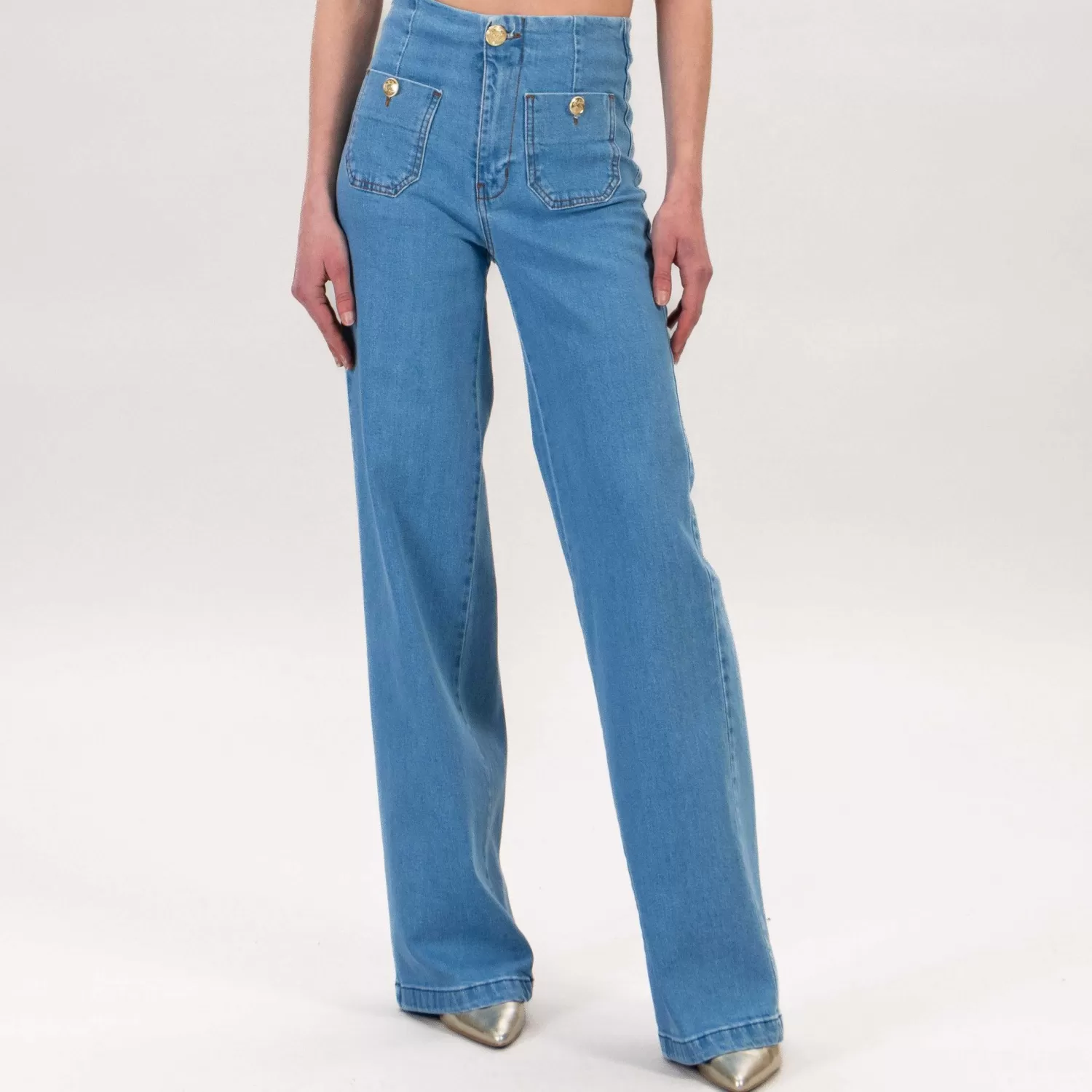 Sale White Mood Tensione In-Jeans Palazzo Vita Alta Bottoni Dorato - Denim