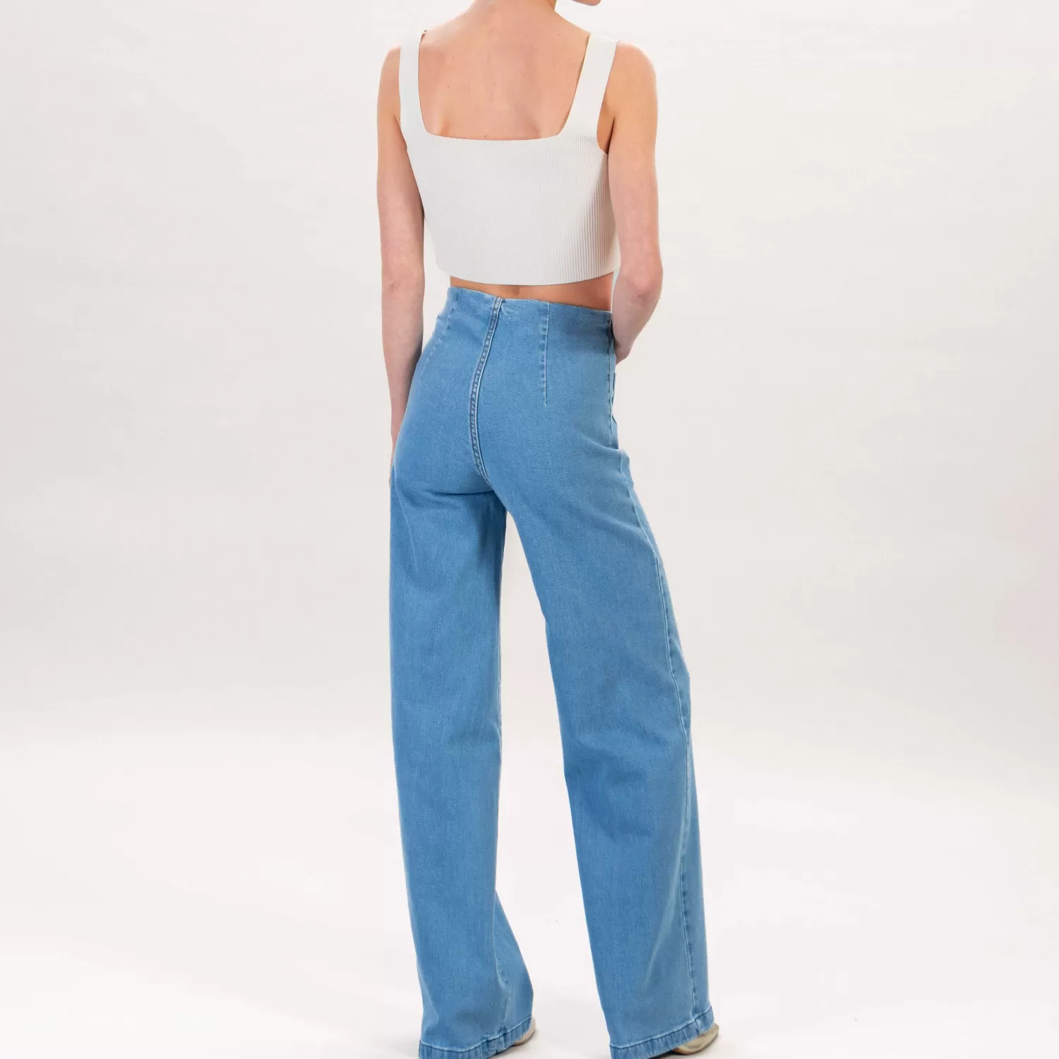 Sale White Mood Tensione In-Jeans Palazzo Vita Alta Bottoni Dorato - Denim