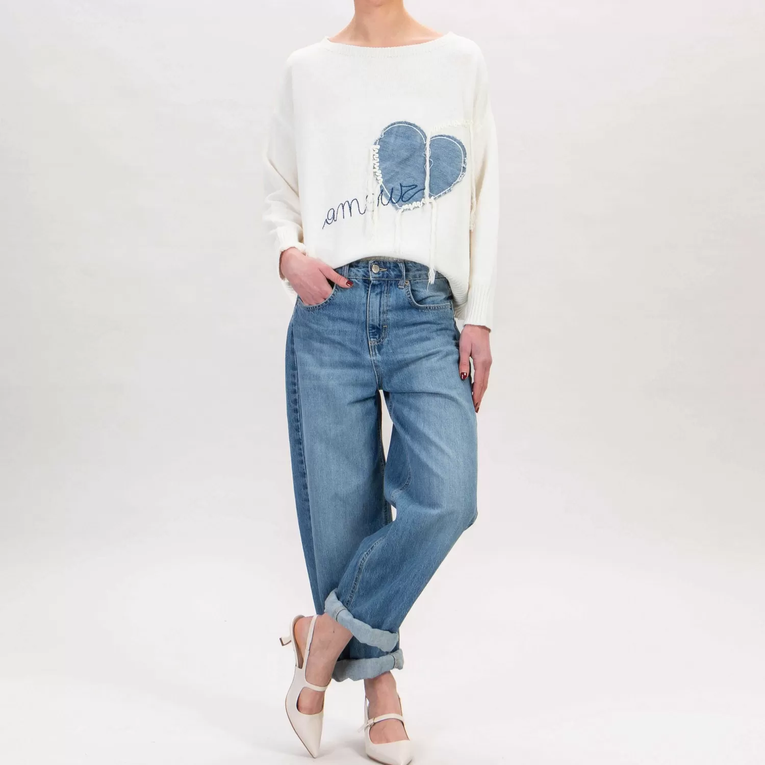 Cheap White Mood Tensione In-Maglia Amour Cuore In Jeans - Latte/Blu