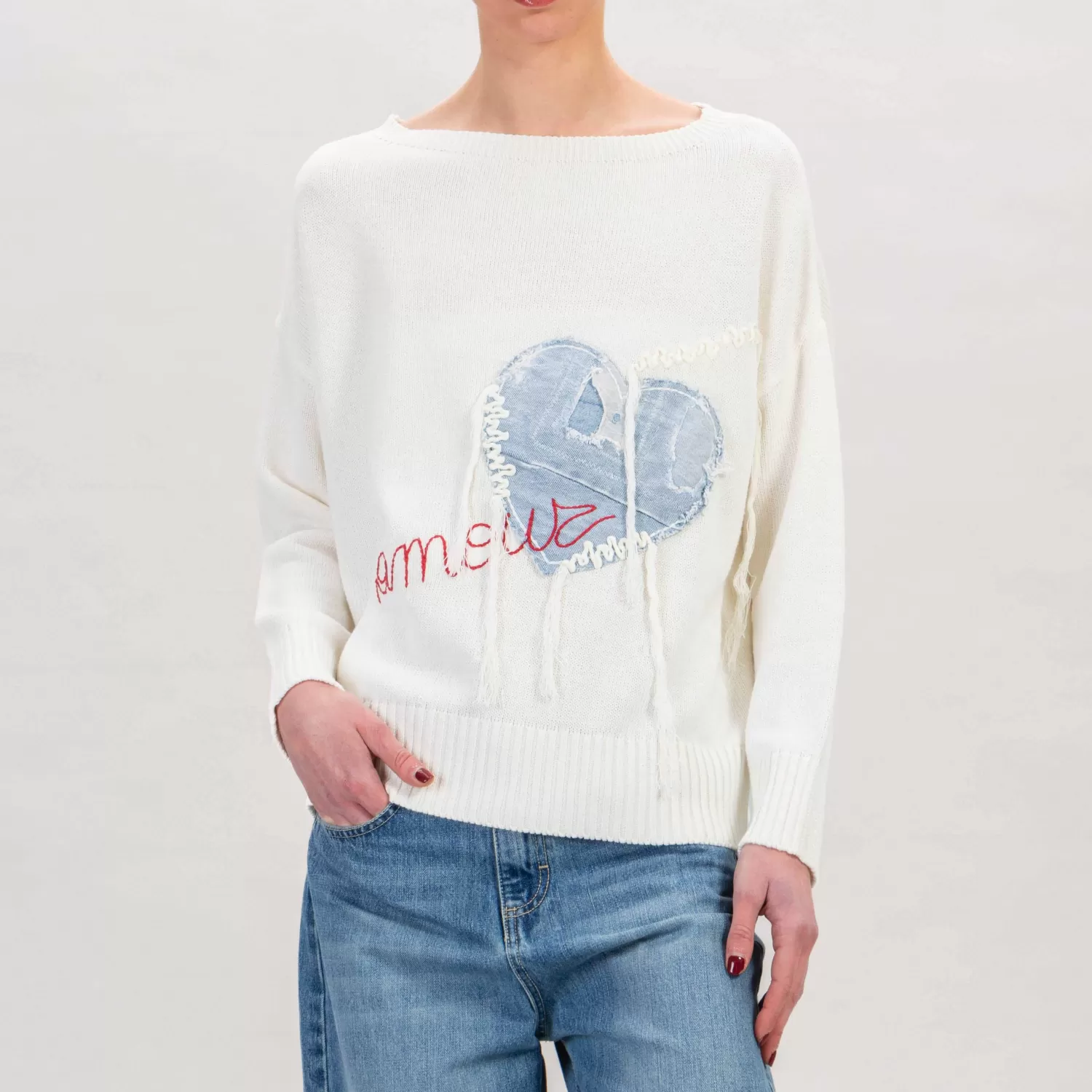 Discount White Mood Tensione In-Maglia Amour Cuore In Jeans - Latte/Rosso