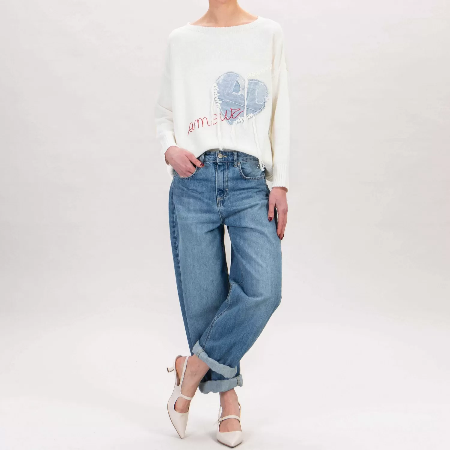 Discount White Mood Tensione In-Maglia Amour Cuore In Jeans - Latte/Rosso