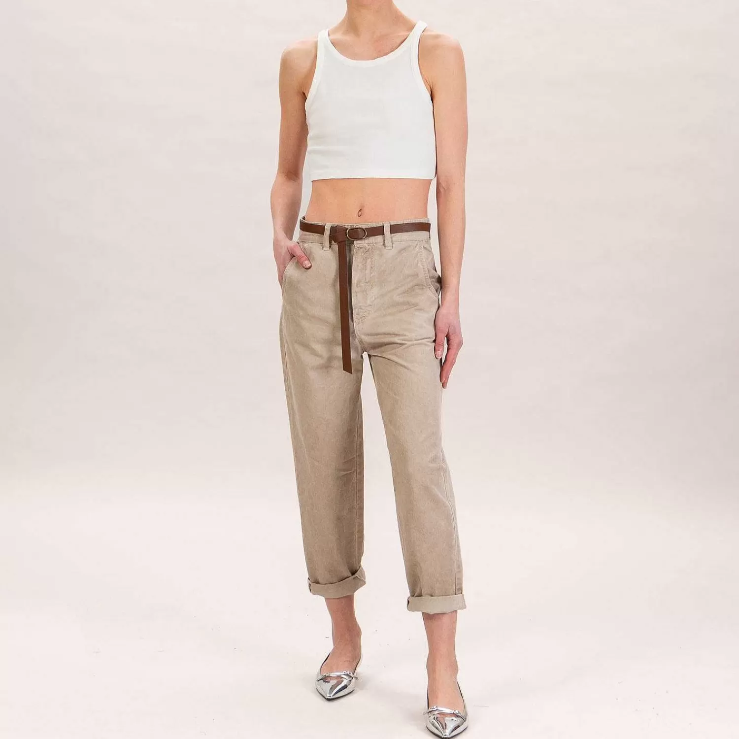 Shop White Mood Tensione In-Pantalone Baggy Stone Wash - Taupe