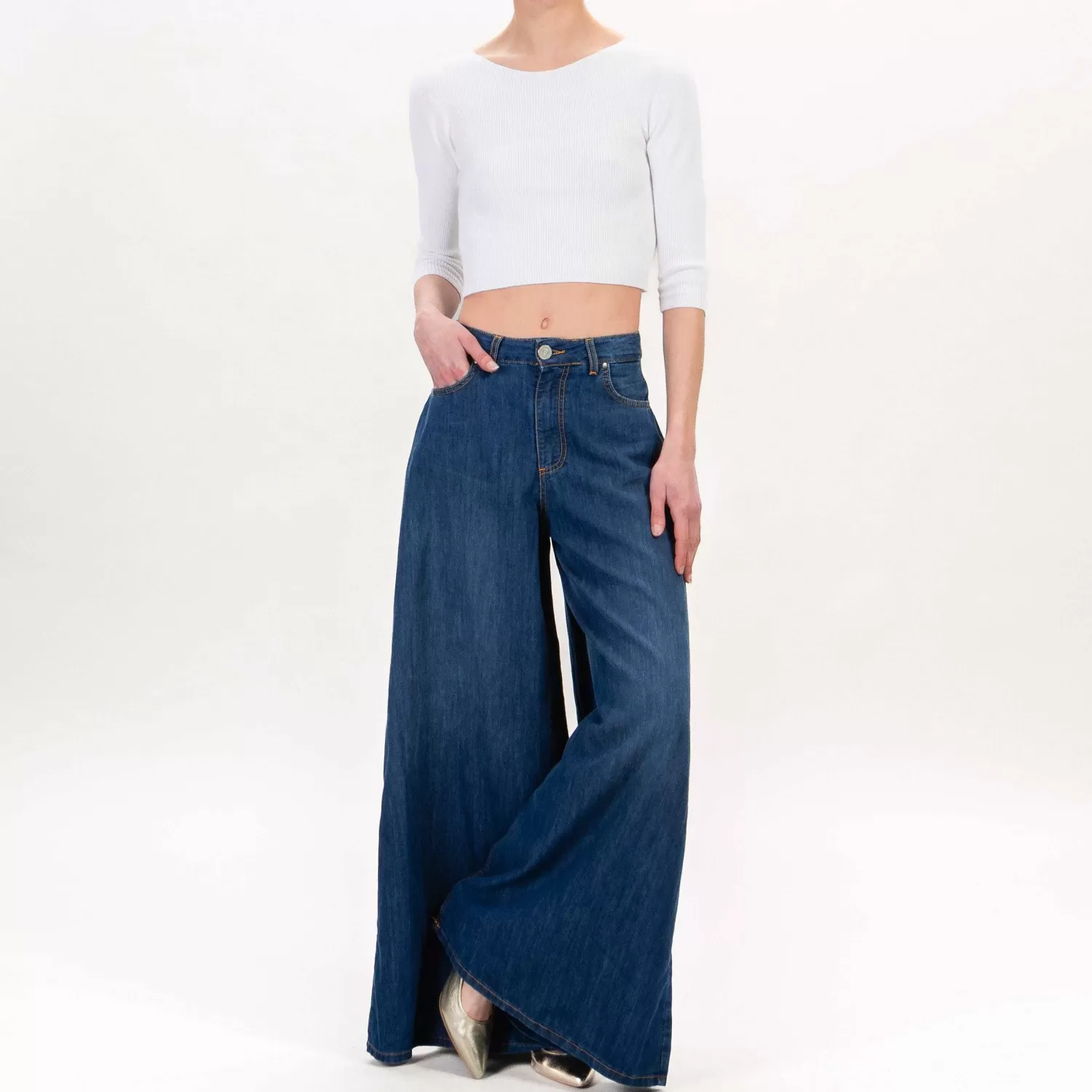 Cheap White Mood Tensione In-Pantalone Chambray Extra Wide Leg - Denim