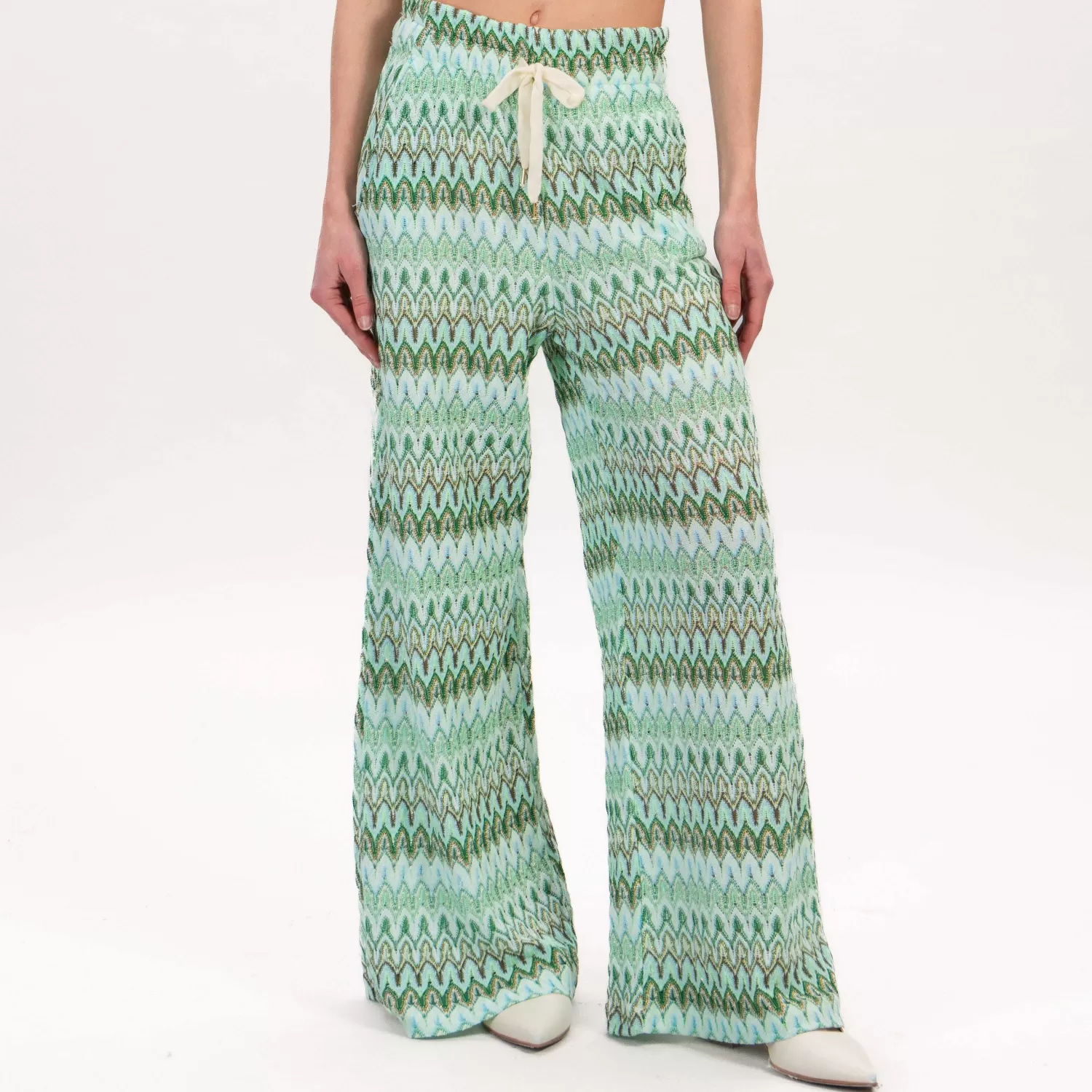 Hot White Mood Tensione In-Pantalone Fantasia Zigzag Con Elastico - Latte/Acqua/Cuoio