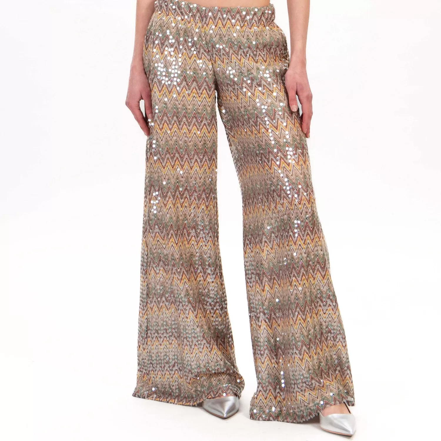 Shop White Mood Tensione In-Pantalone Fantasia Zigzag Con Paillettes - Sand/Tabacco/Bu