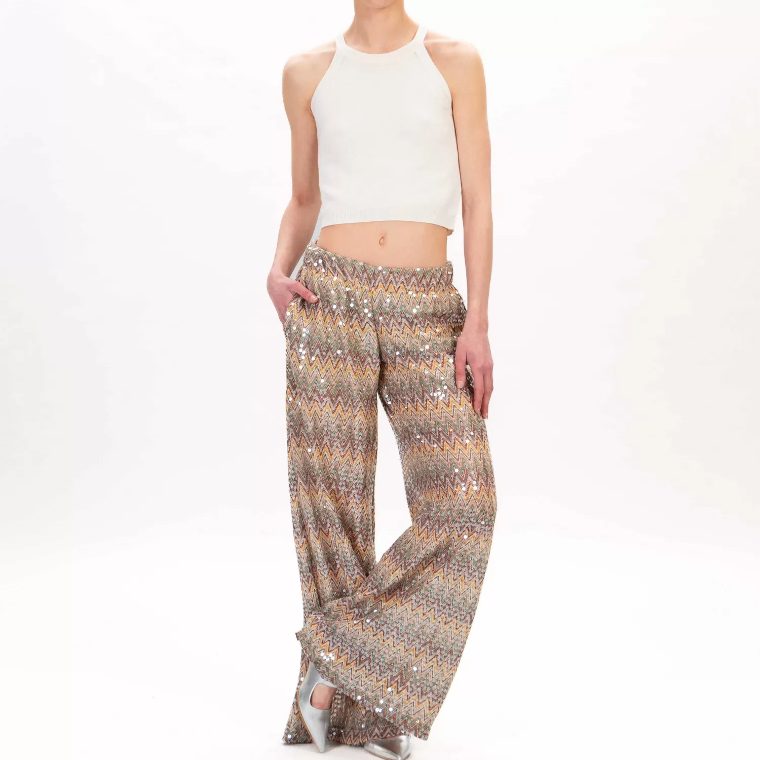 Shop White Mood Tensione In-Pantalone Fantasia Zigzag Con Paillettes - Sand/Tabacco/Bu