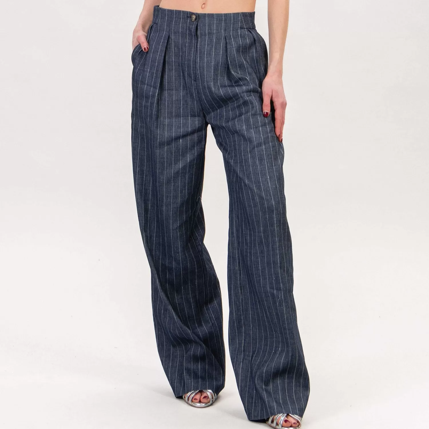 Sale White Mood Tensione In-Pantalone Gessato Con Pinces - Denim