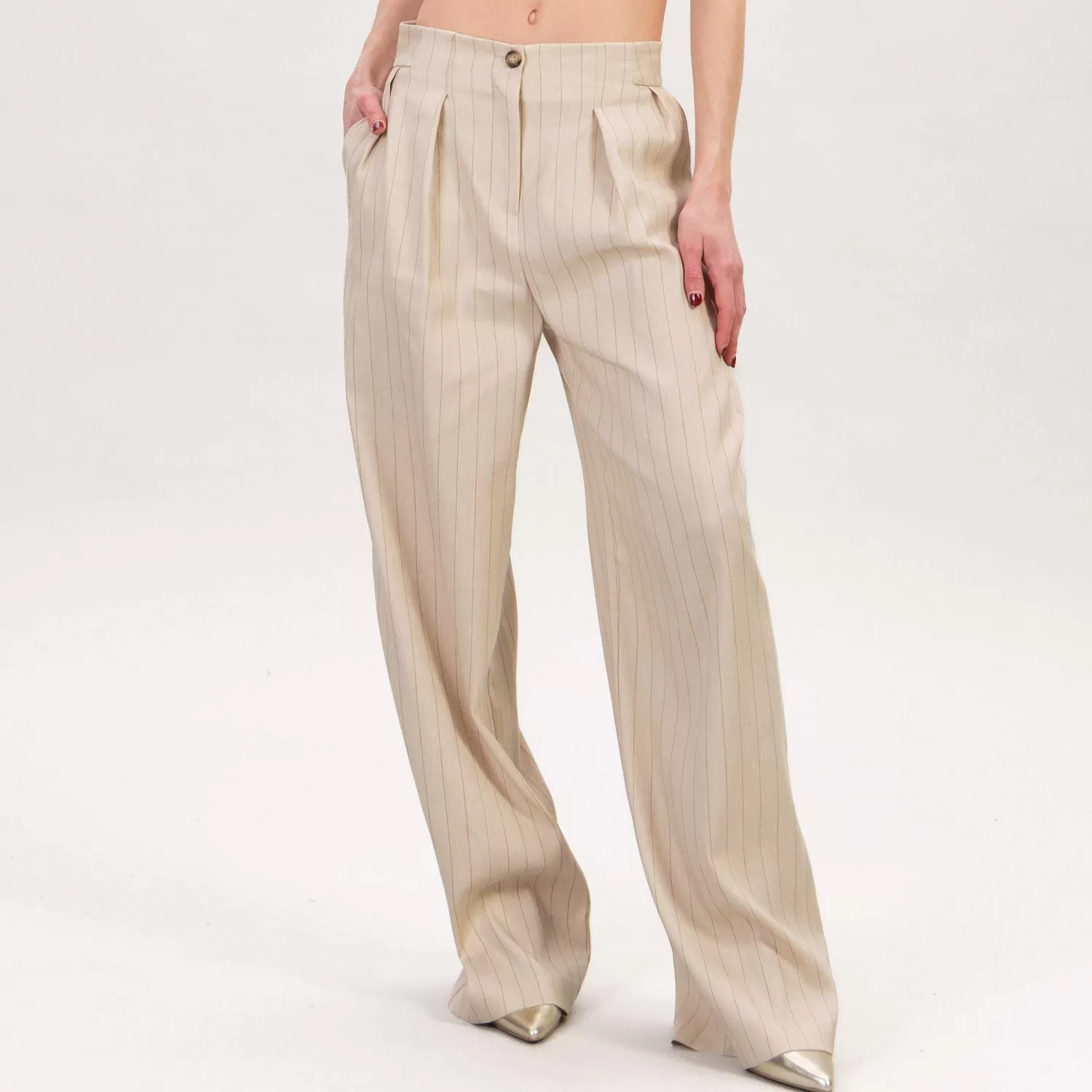 Flash Sale White Mood Tensione In-Pantalone Gessato Con Pinces - Sand