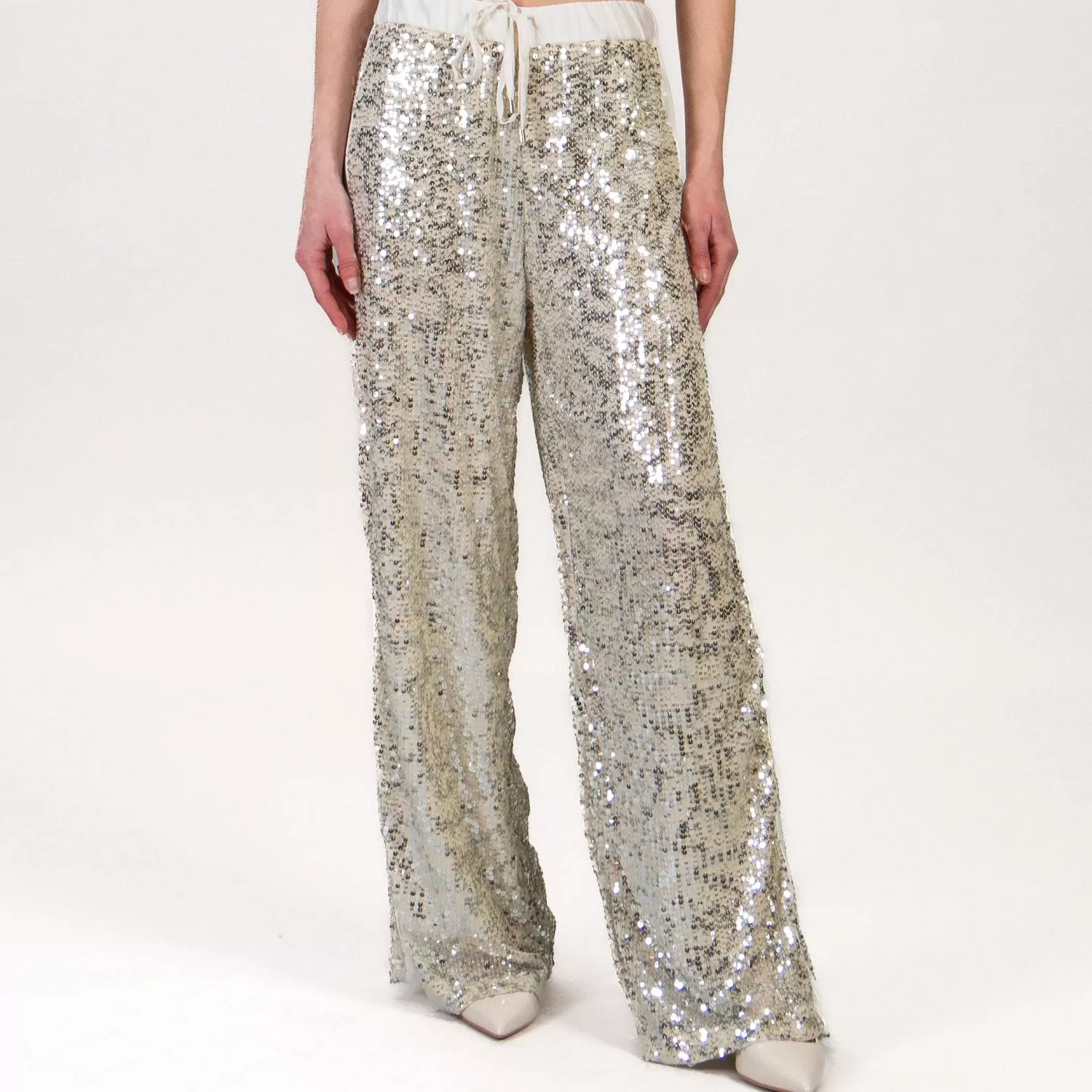 Sale White Mood Tensione In-Pantalone Paillettes - Latte/Argento