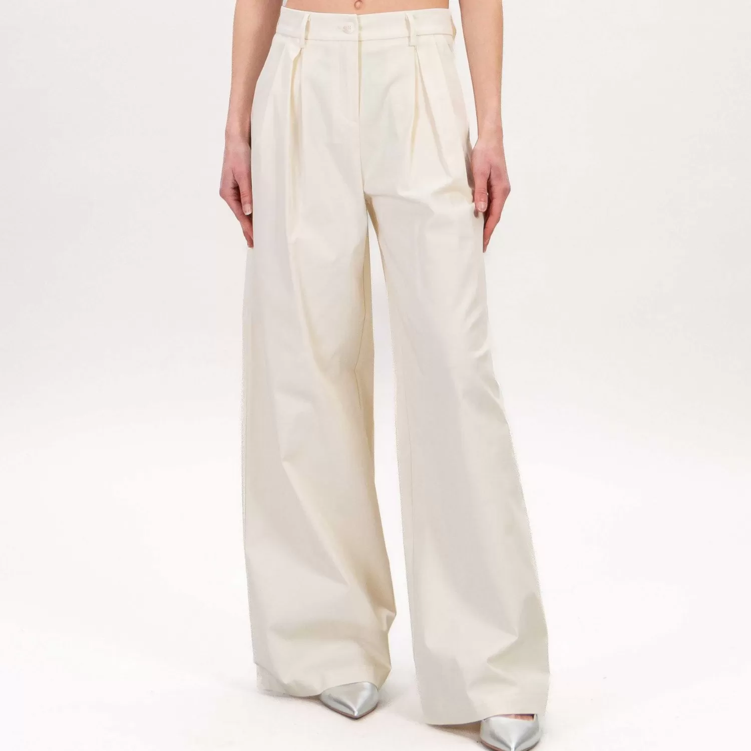 Fashion White Mood Tensione In-Pantalone Palazzo Cotone Con Pinces - Burro