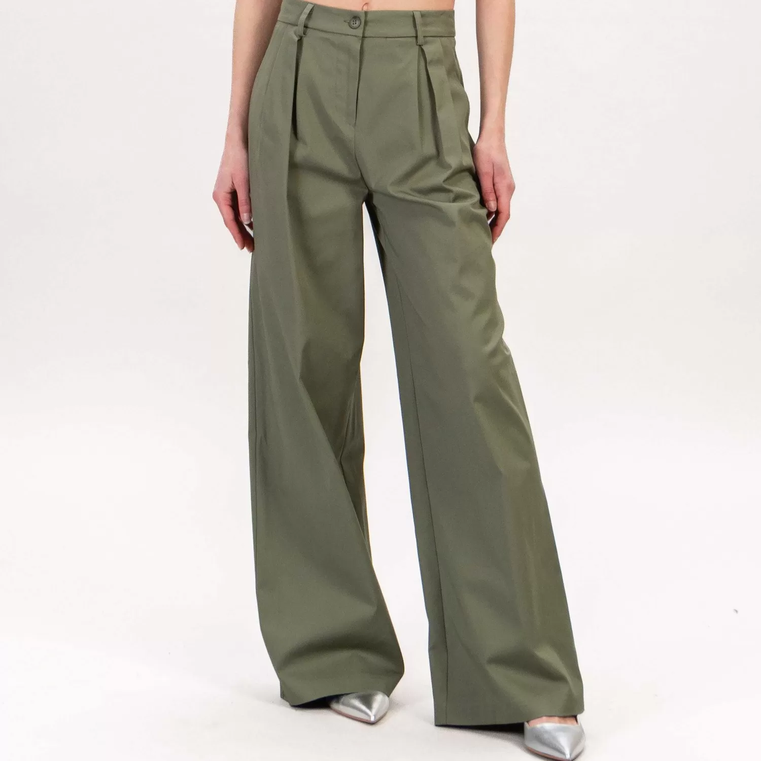 Outlet White Mood Tensione In-Pantalone Palazzo Cotone Con Pinces - Militare