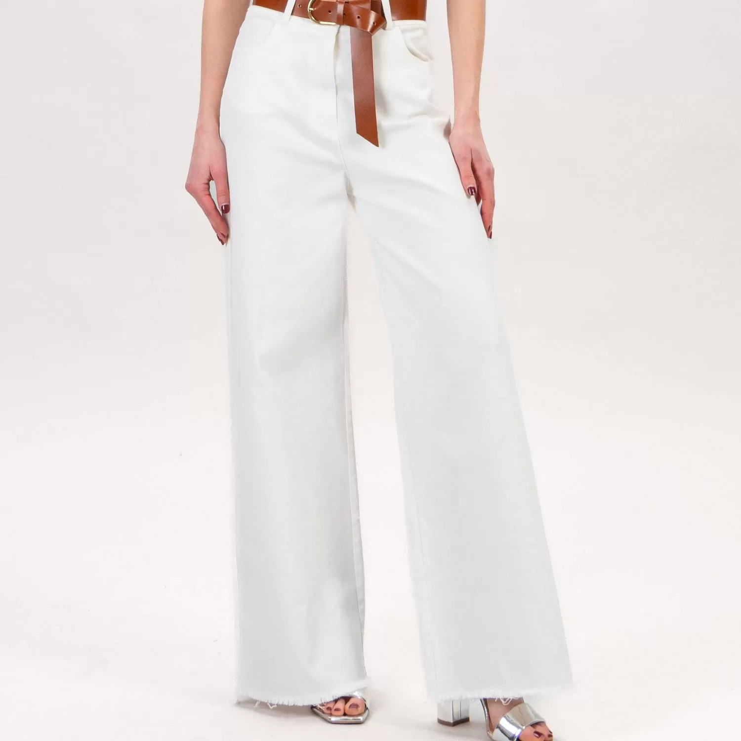 New White Mood Tensione In-Pantalone Palazzo Drill Sfrangiato - Latte