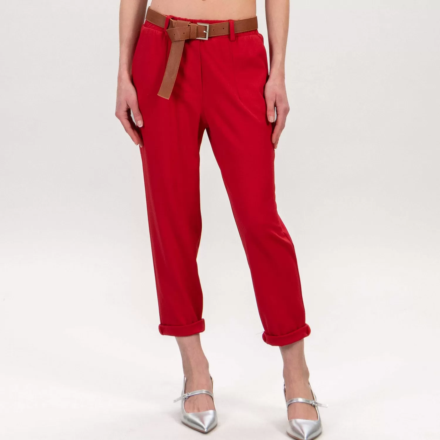 Hot White Mood Tensione In-Pantalone Punto Milano Con Cintura - Rosso