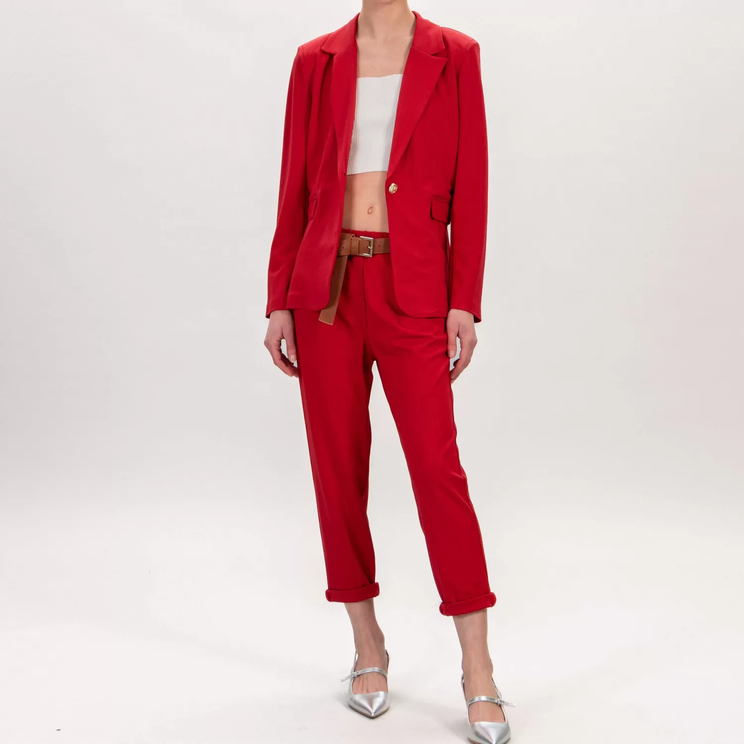 Hot White Mood Tensione In-Pantalone Punto Milano Con Cintura - Rosso