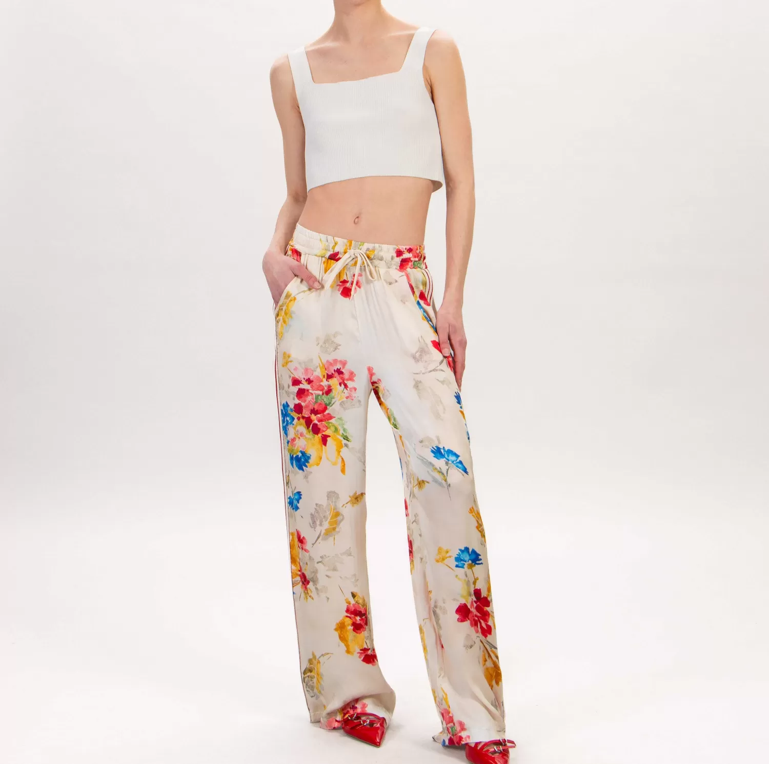 Discount White Mood Tensione In-Pantalone Satin Fantasia Fiori - Burro/Rosso/Mostarda