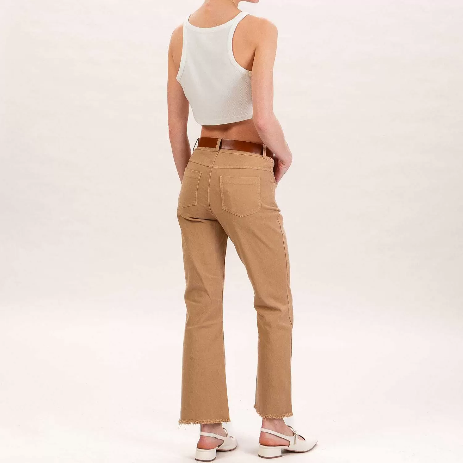 Online White Mood Tensione In-Pantalone Trombetta Crop Sfrangiato - Nocciola