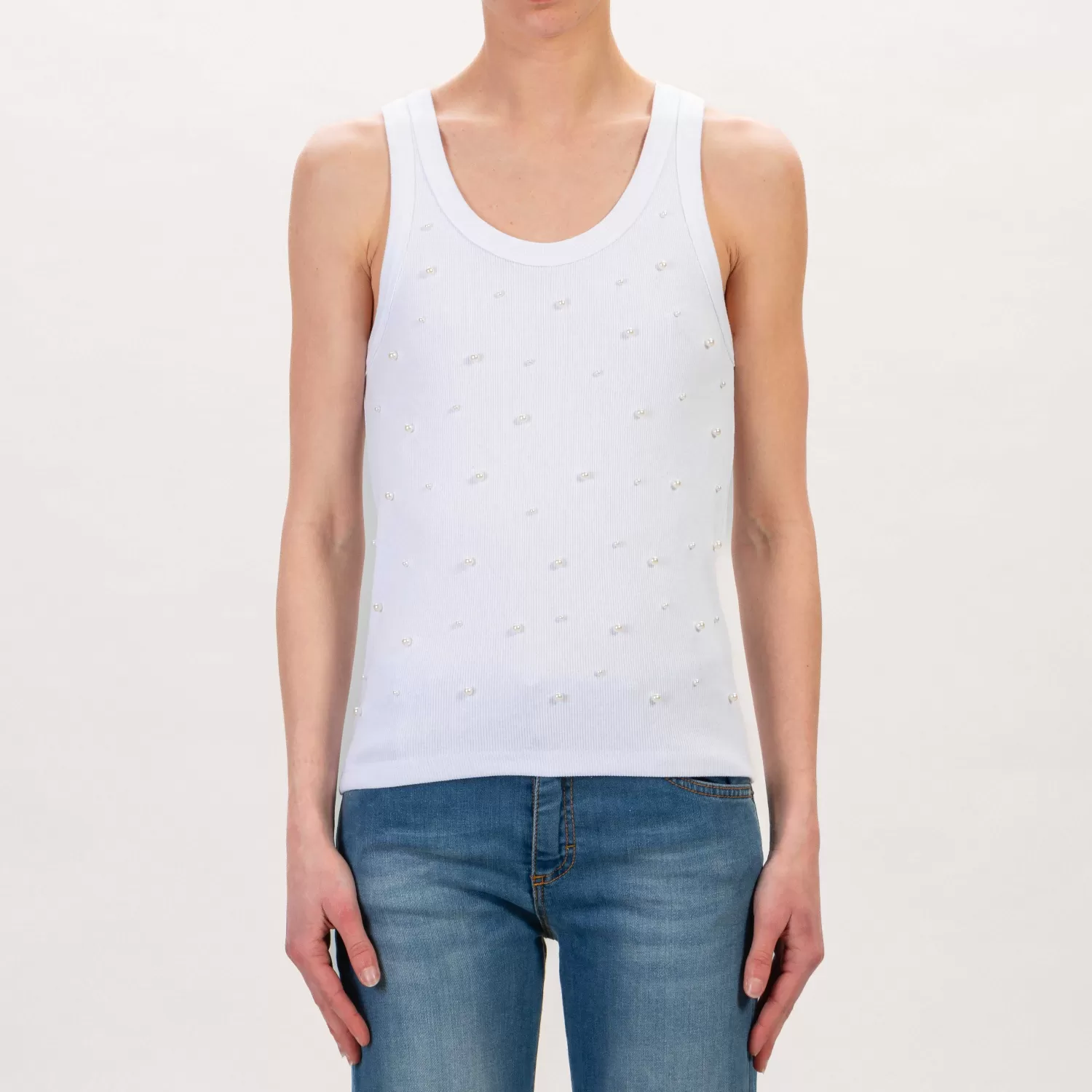 Shop White Mood Tensione In-Top A Costine Con Perle - Bianco