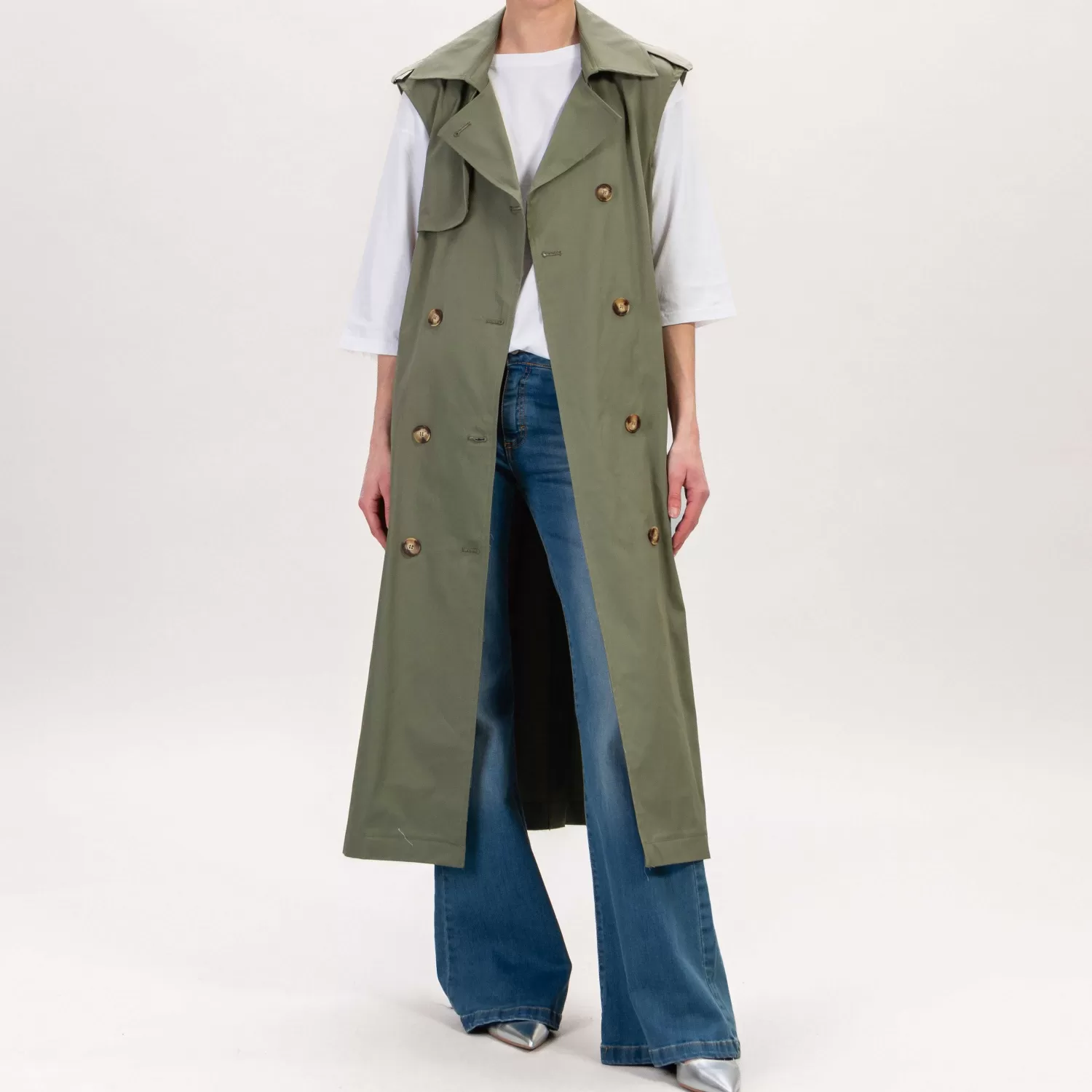 Hot White Mood Tensione In-Trench Doppio Petto Smanicato - Militare