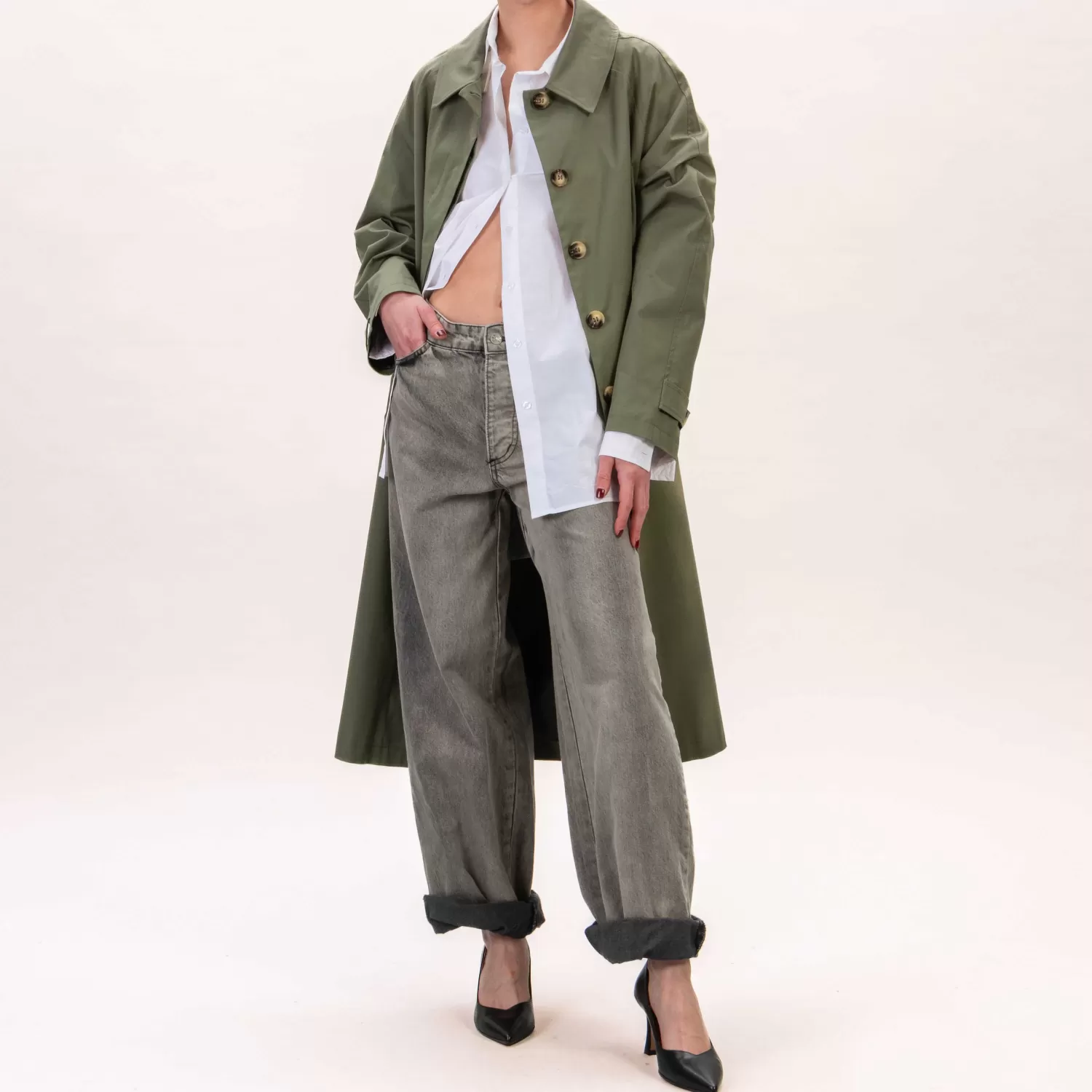 Outlet White Mood Tensione In-Trench Lungo Con Tasche - Militare