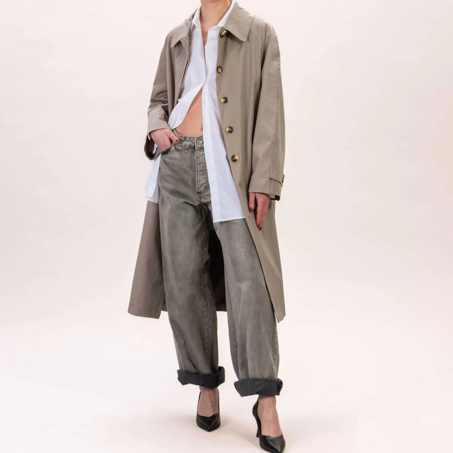 Shop White Mood Tensione In-Trench Lungo Con Tasche - Taupe