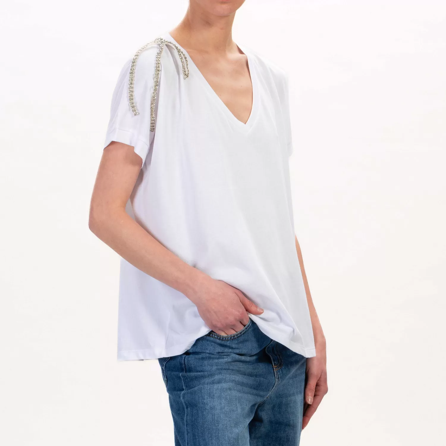 Store White Mood Tensione In-T-Shirt Con Applicazioni Sulla Spalla - Bianco