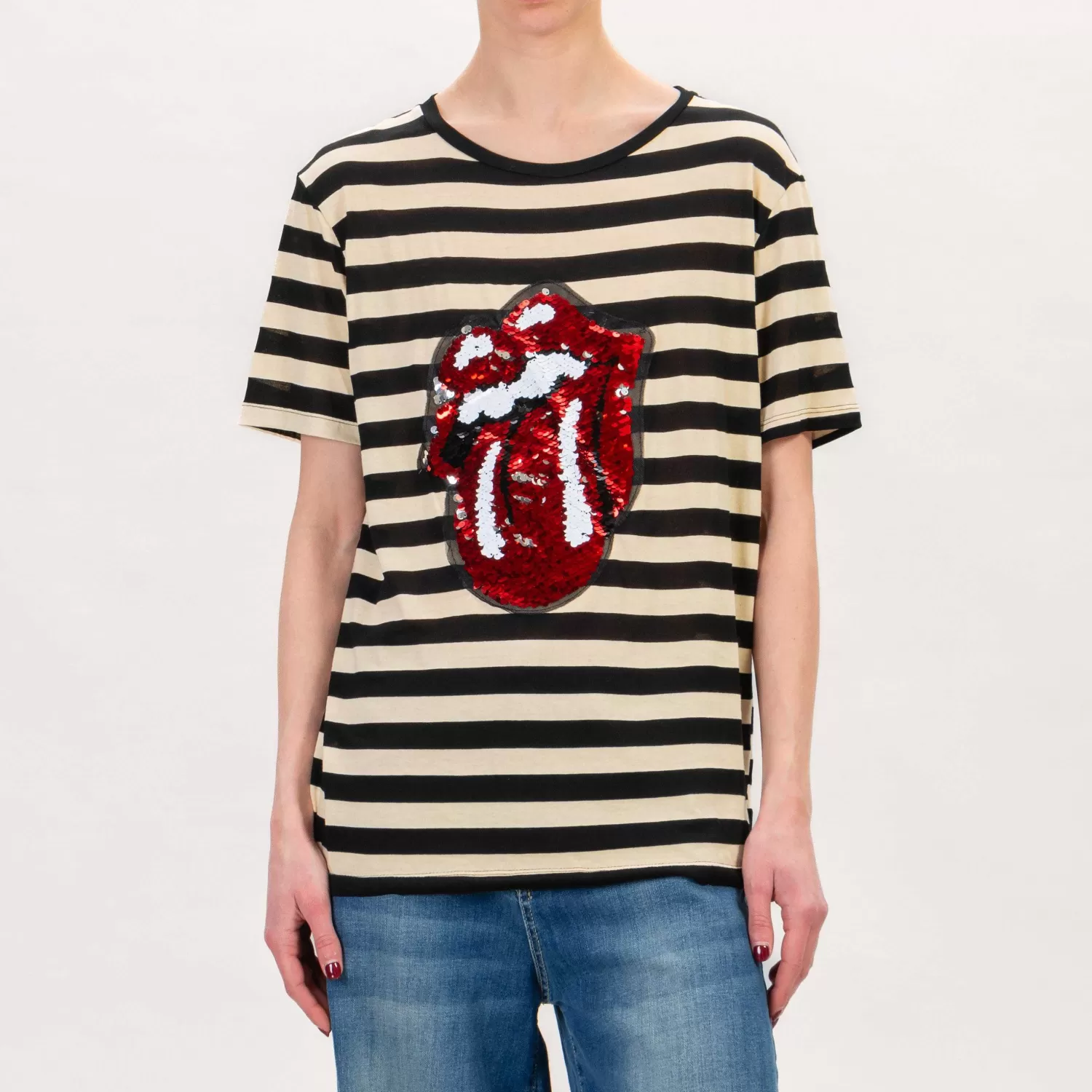 Store White Mood Tensione In-T-Shirt Jersey Righe Rolling Stones - Burro/Nero