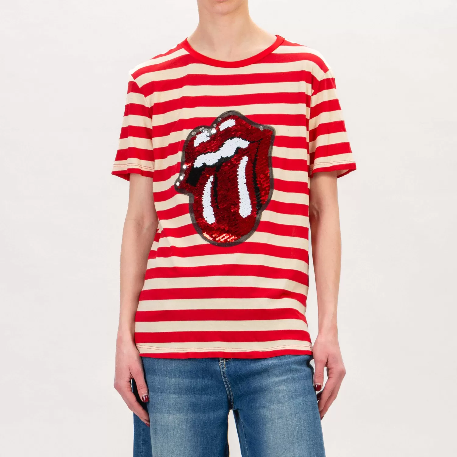 New White Mood Tensione In-T-Shirt Jersey Righe Rolling Stones - Burro/Rosso