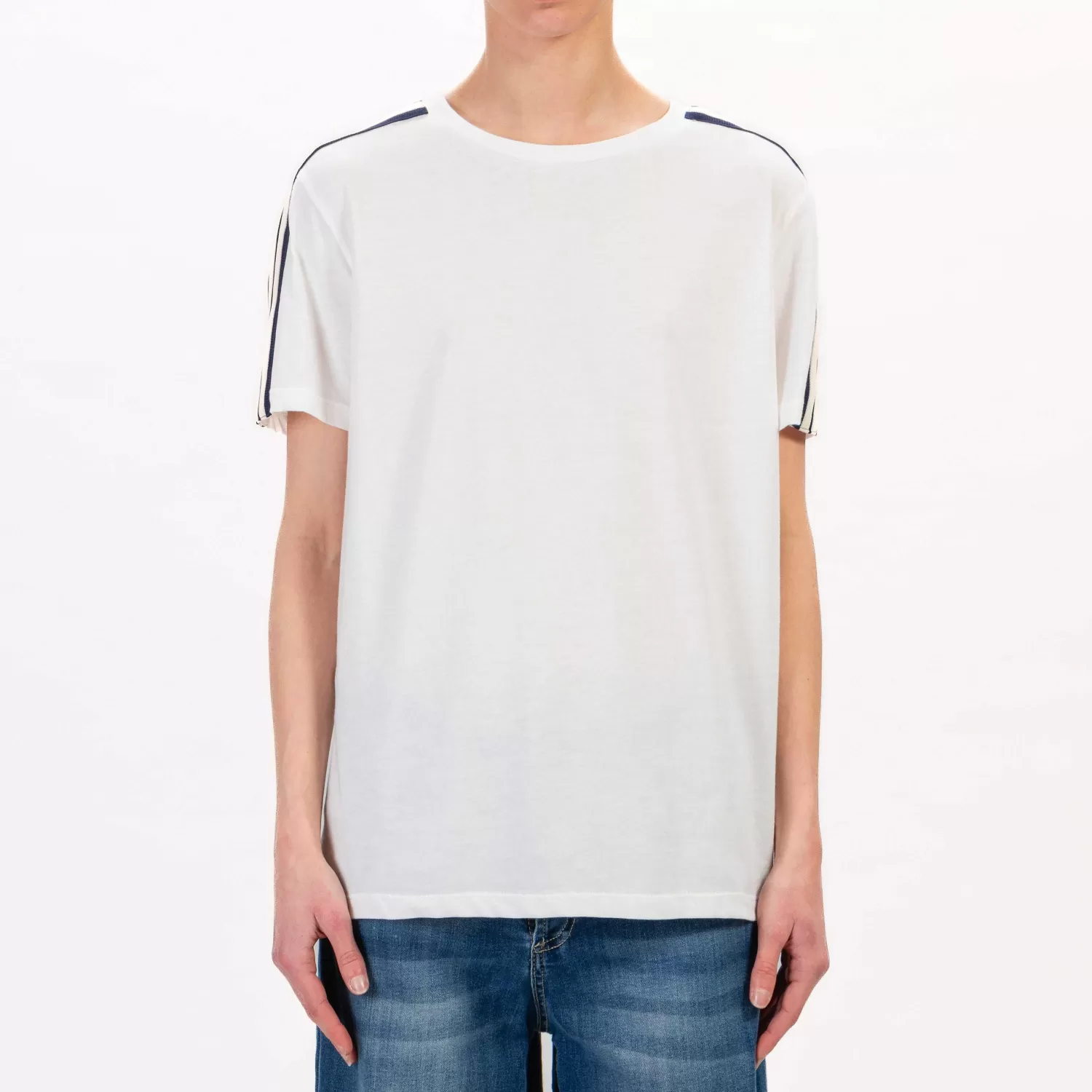 Best White Mood Tensione In-T-Shirt Mezza Manica Banda Laterale - Latte/Blu