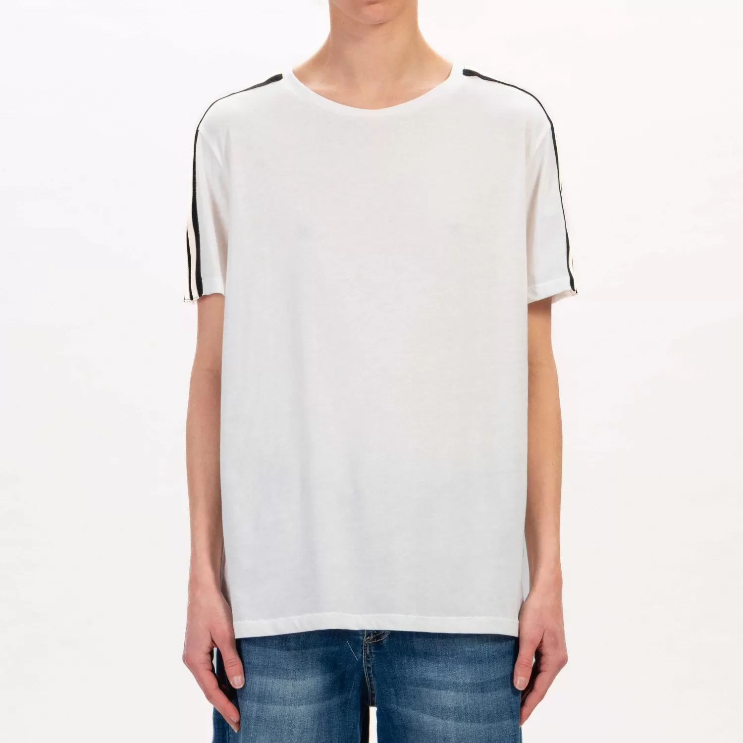 Best White Mood Tensione In-T-Shirt Mezza Manica Banda Laterale - Latte/Nero