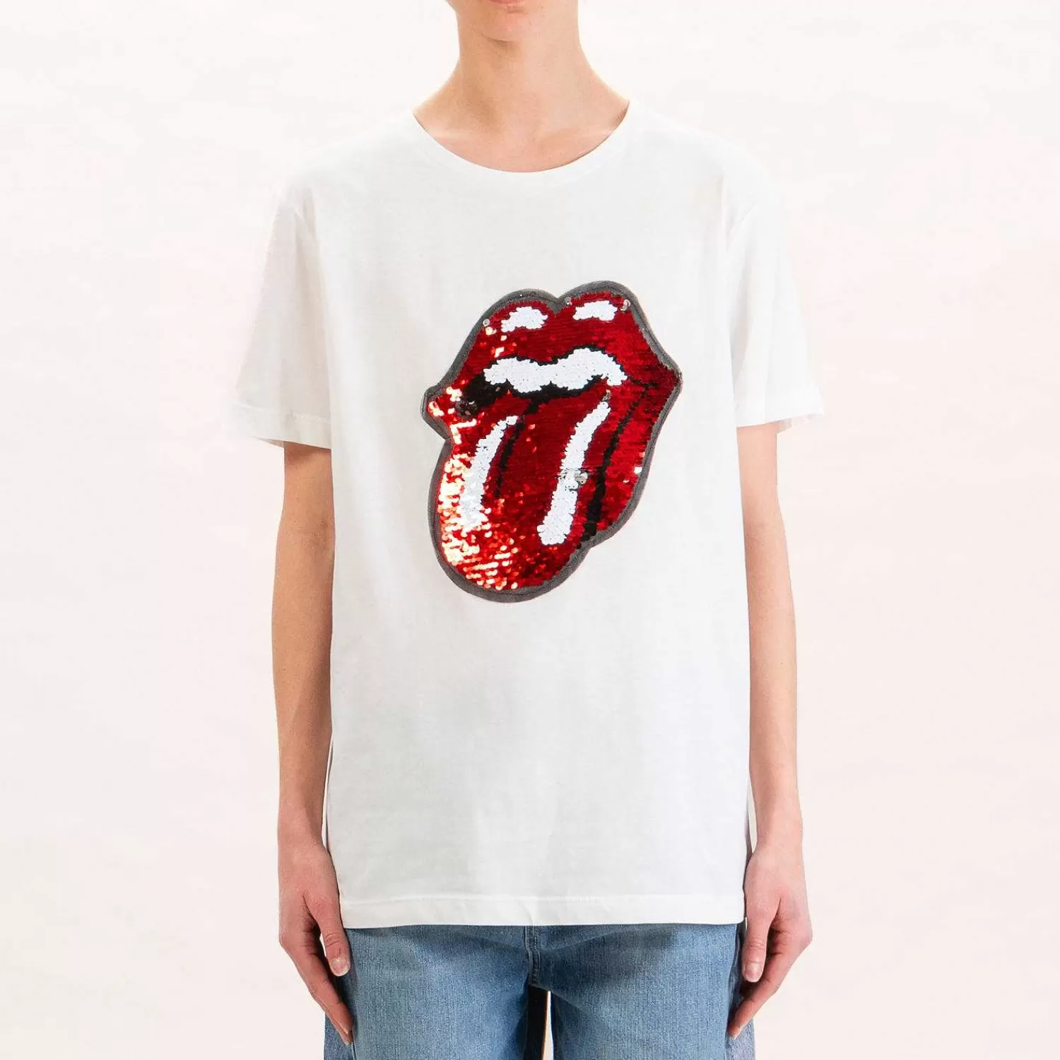 Online White Mood Tensione In-T-Shirt Paillettes Rolling Stones - Bianco