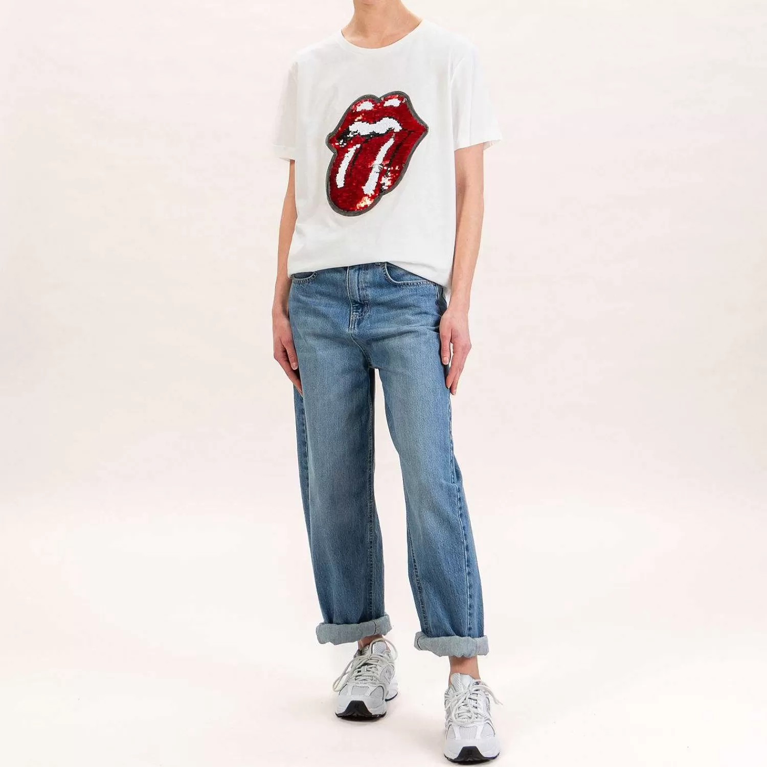 Online White Mood Tensione In-T-Shirt Paillettes Rolling Stones - Bianco