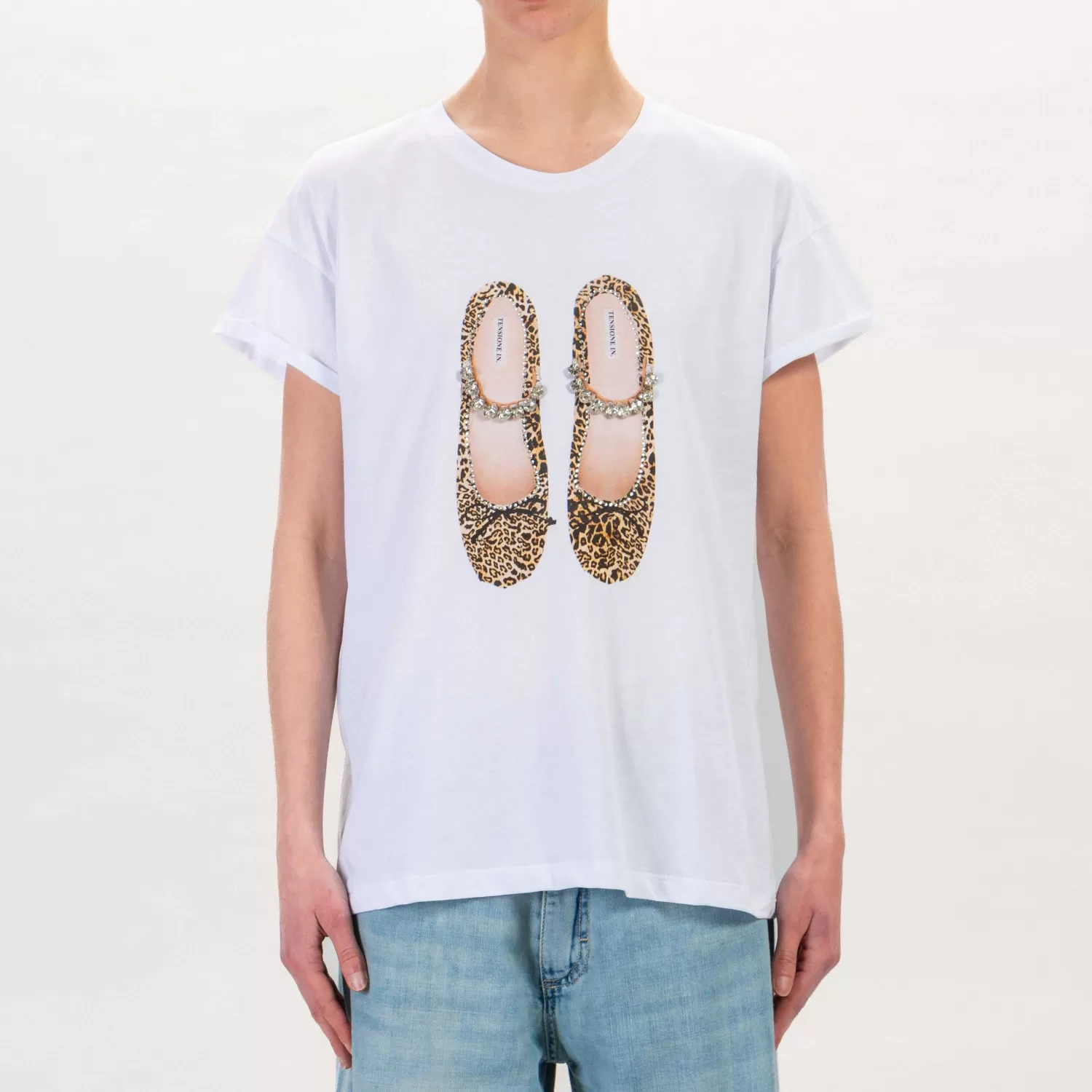 Sale White Mood Tensione In-T-Shirt Scarpa Maculata Con Strass - Bianco