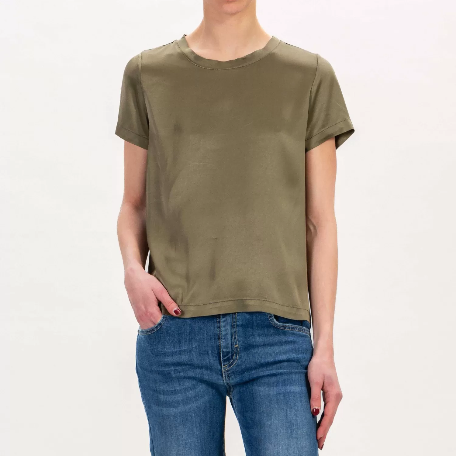 Shop White Mood Vicolo-Blusa Mezza Manica In Satin - Militare