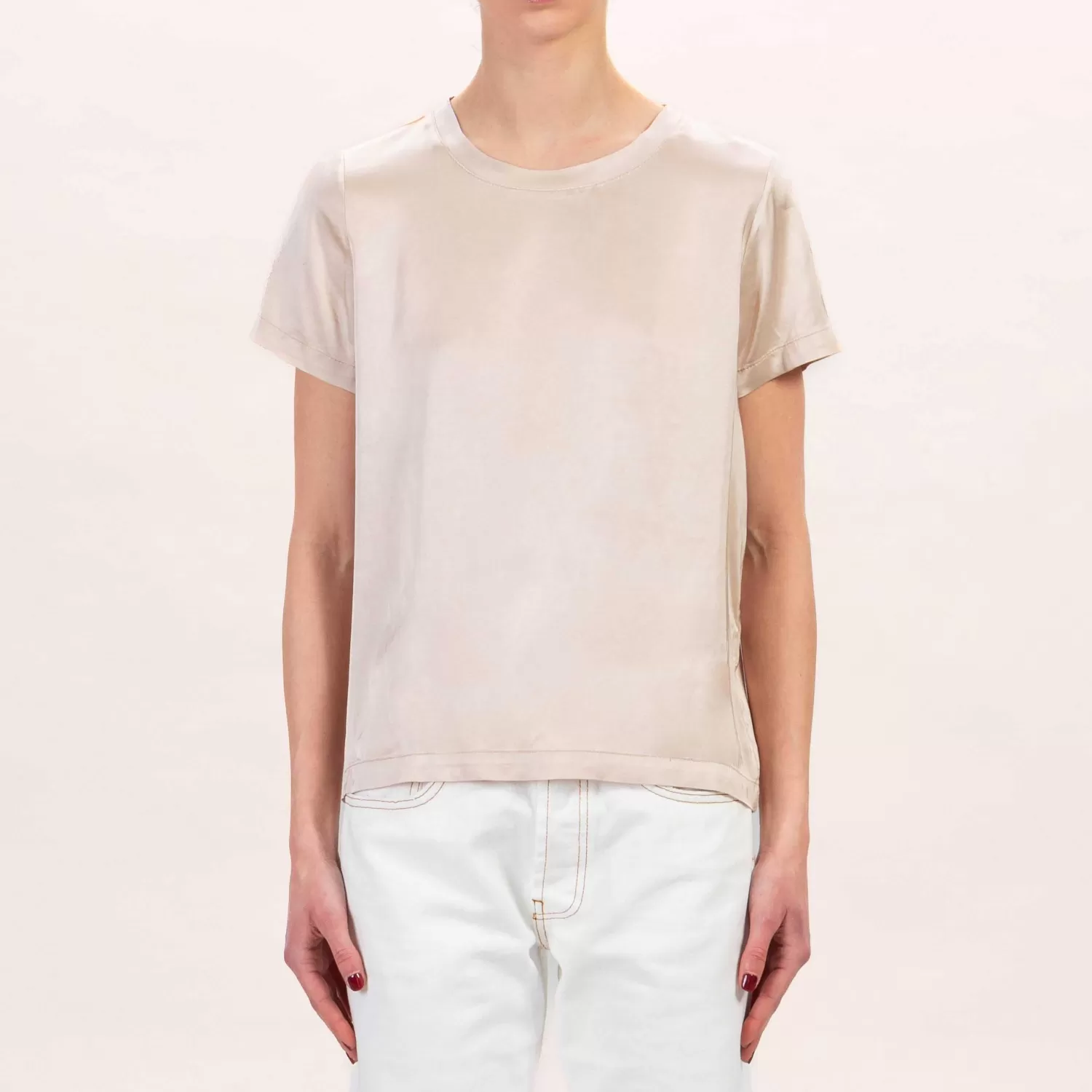 New White Mood Vicolo-Blusa Mezza Manica In Satin Elasticizzato- Sand