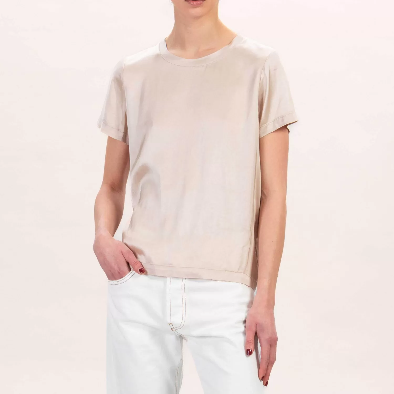 New White Mood Vicolo-Blusa Mezza Manica In Satin Elasticizzato- Sand